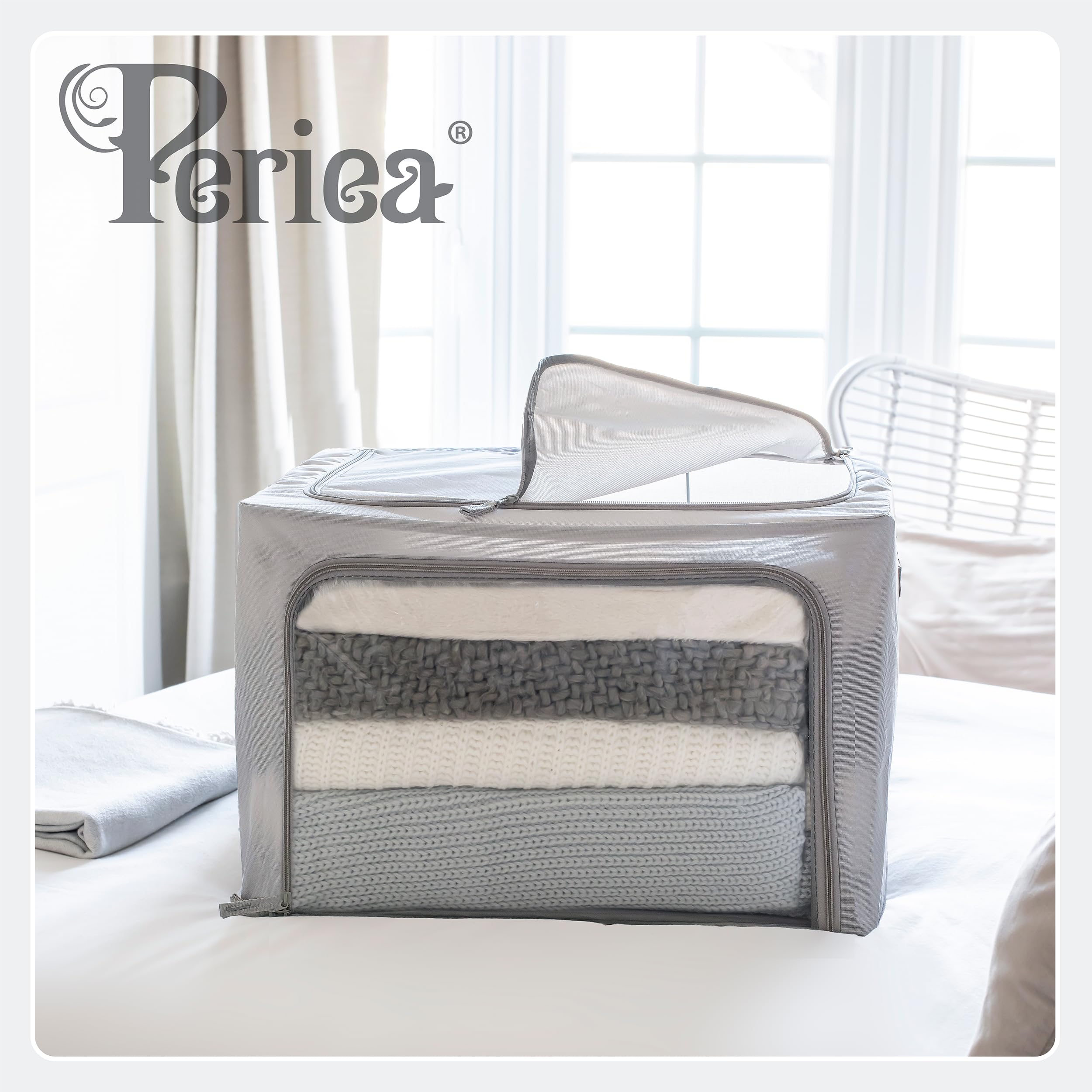 Periea ‘Beau’ Folding Collapsible Stackable Fabric Home Storage Boxes with Steel Frames (Black Grey Floral, Large) - 2