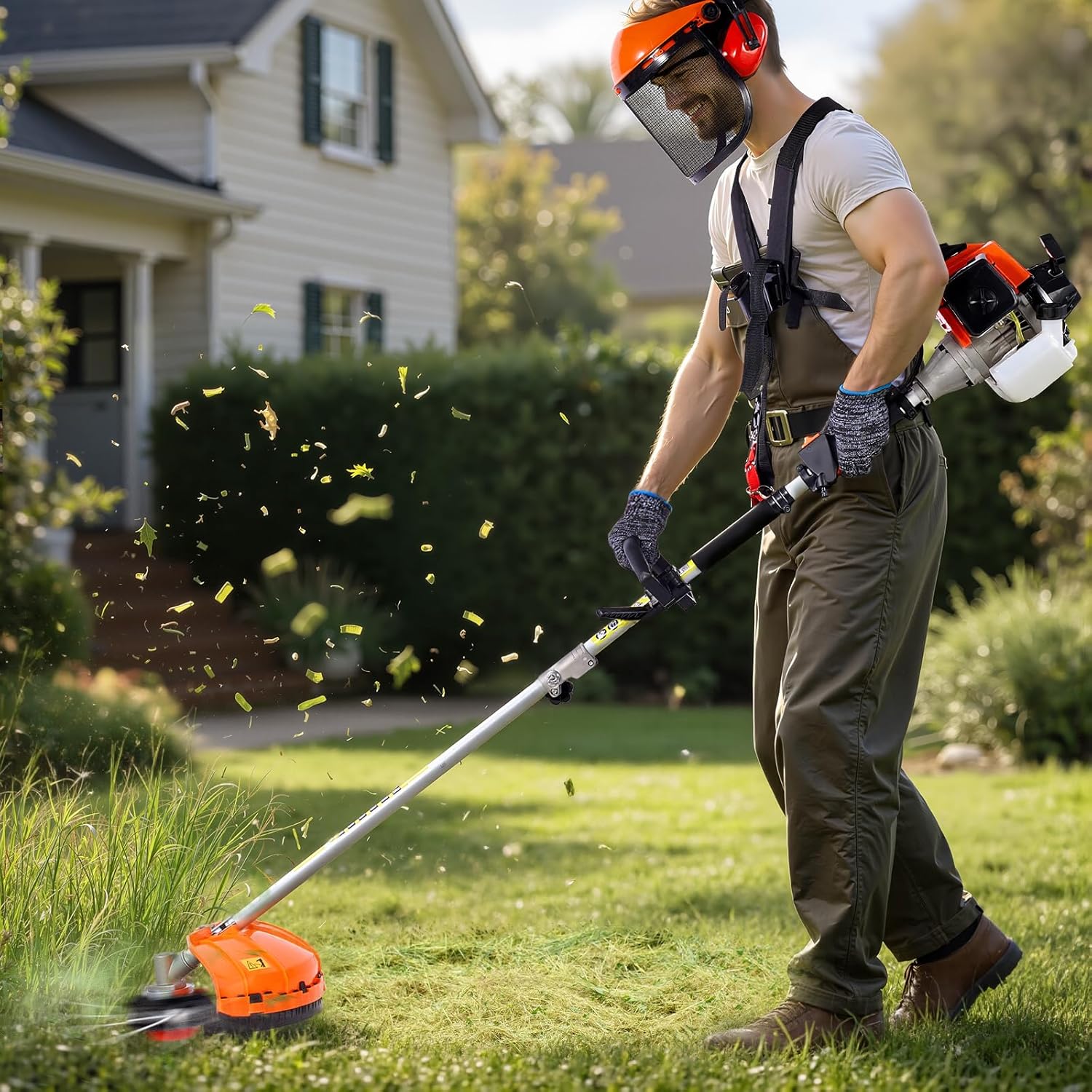 Man using the VEVOR string trimmer attachment with full protective gear, cutting grass