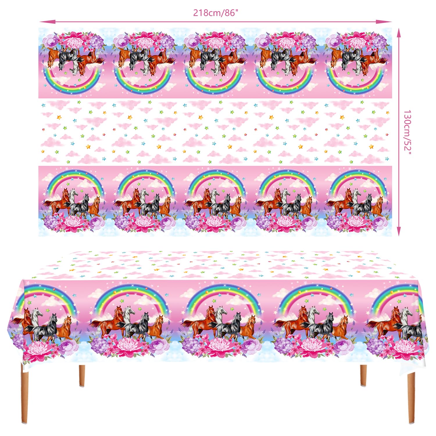 Obussgar 4-Piece Pink Horse Party Set - Rectangular Tablecloths, Decorations for Girls - 51 x 86 Inch