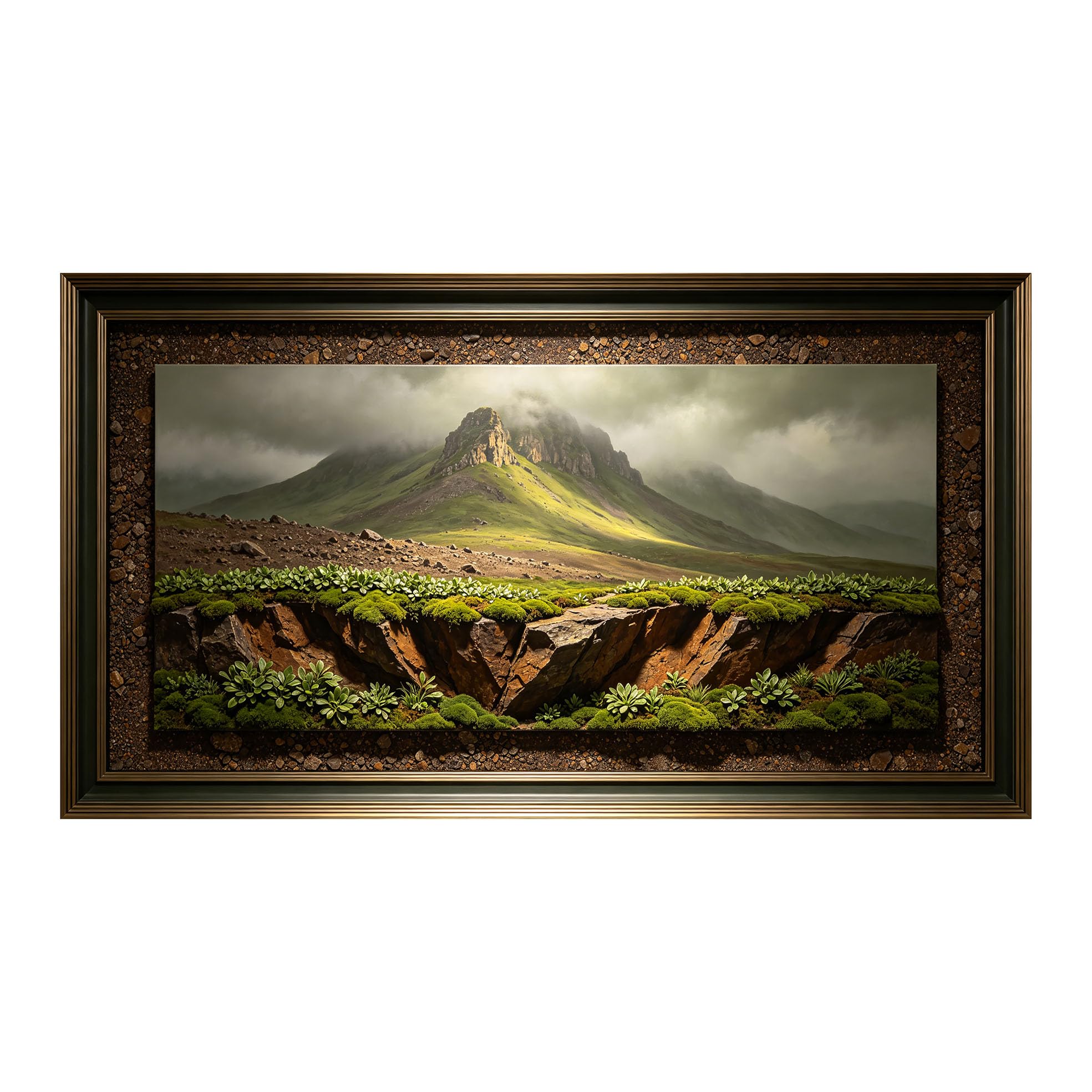 Yzpallescene 3D Framed Wall Art 50cm×100cm Mountain Peak Highland Meadow Panoramic Realistic Oil Painting Large Size SelfAdhesive Removable Wall Decor Prints Artwork for Living Room Bedroom Office