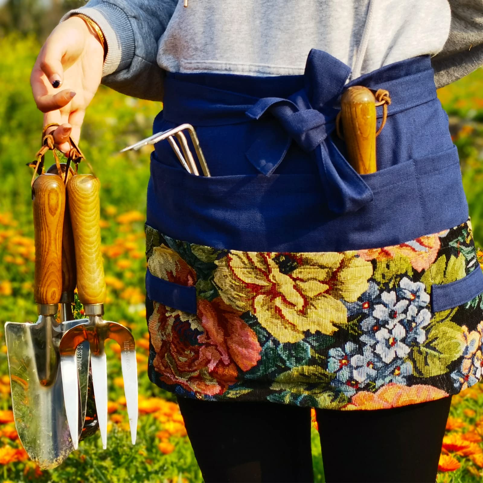 Garden Apron for Woman, Gardening Florist Apron, Half Apron with 8 Pockets and 6 Fabric Hangers for Tools or Gloves, Dark Blue