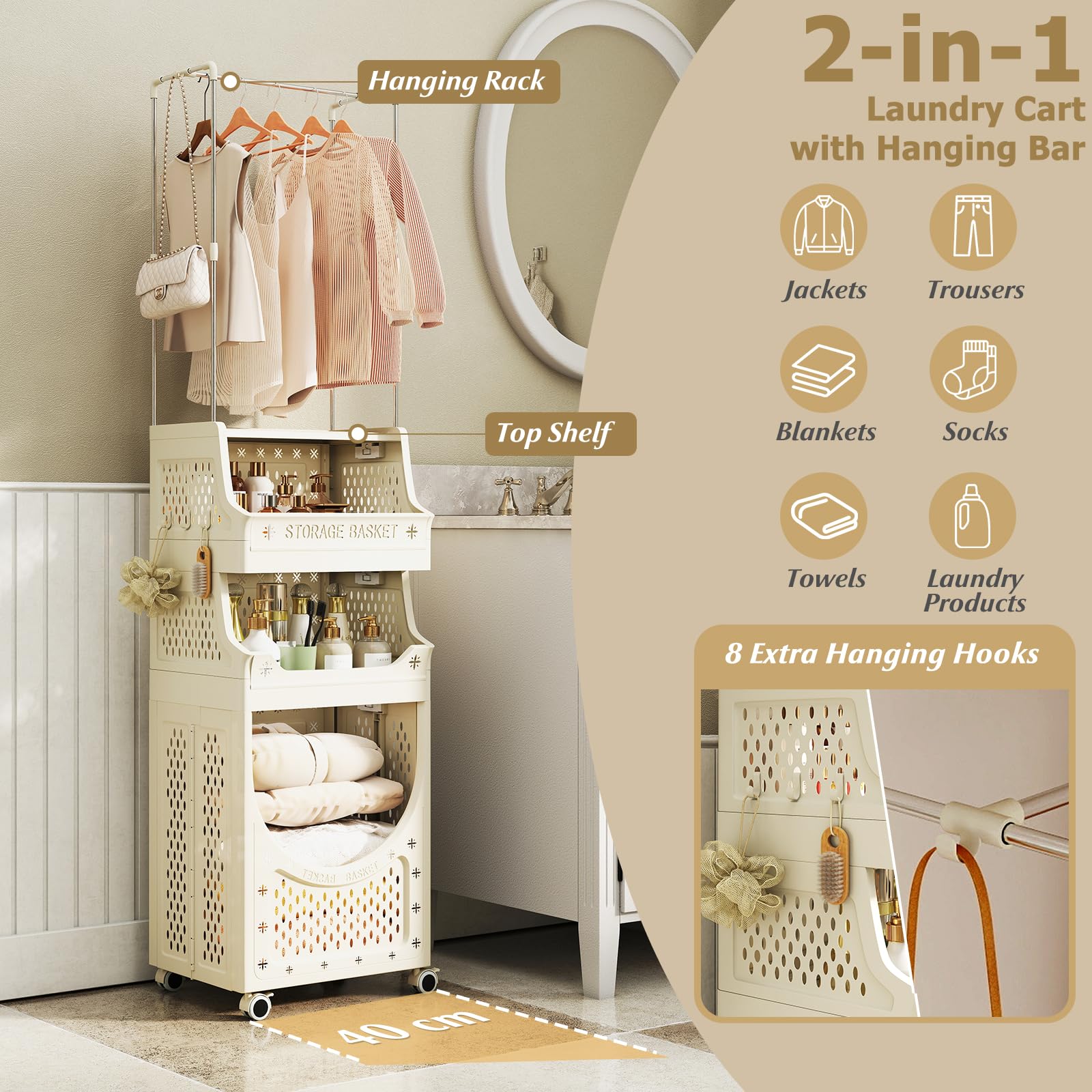 LIFEZEAL Cesto Biancheria Sporca 82 L con Stand Appendiabiti, Ruote, Piano Portaoggetti, 2 Mensole, 1 Scomparto, Mobile Portabiancheria, Cesto Pieghevole, Lavanderia, Bagno, Salvaspazio, Plastica