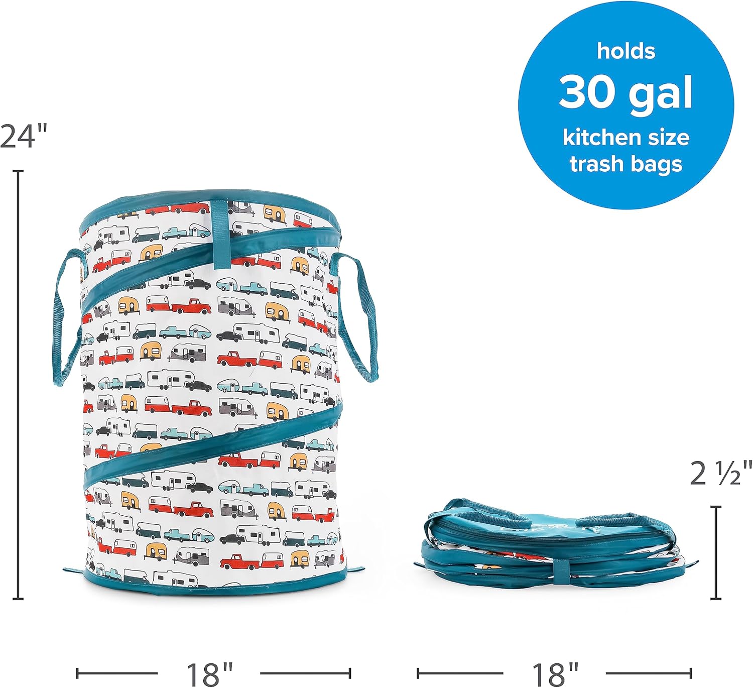 Camco Pop-Up Utility Container - Features Heavy Duty Liner & Zipper Close Lid - Holds 30-Gallon Kitchen-Size Trash Bags - Stands 2-Ft Tall & Collapses for RV Storage and Organization (42986)