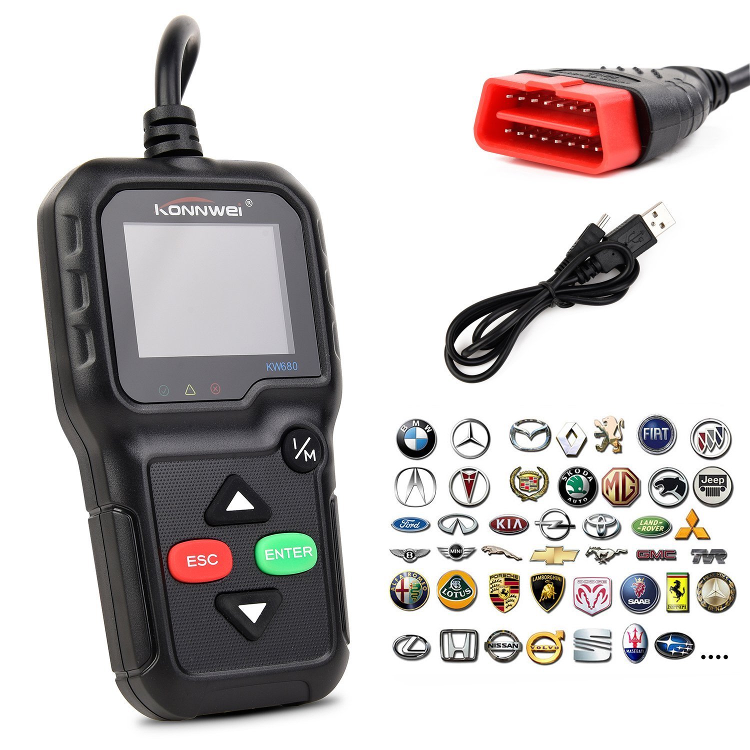 Skaner OBD2, uniwersalny skaner diagnostyczny OBD II CAN do odczytu błędów silnika samochodowego-skanowanie narzędzie do sprawdzania oświetlenia silnika KW680 z czujnikiem O2 i testem monitora pokładowego (czarny)