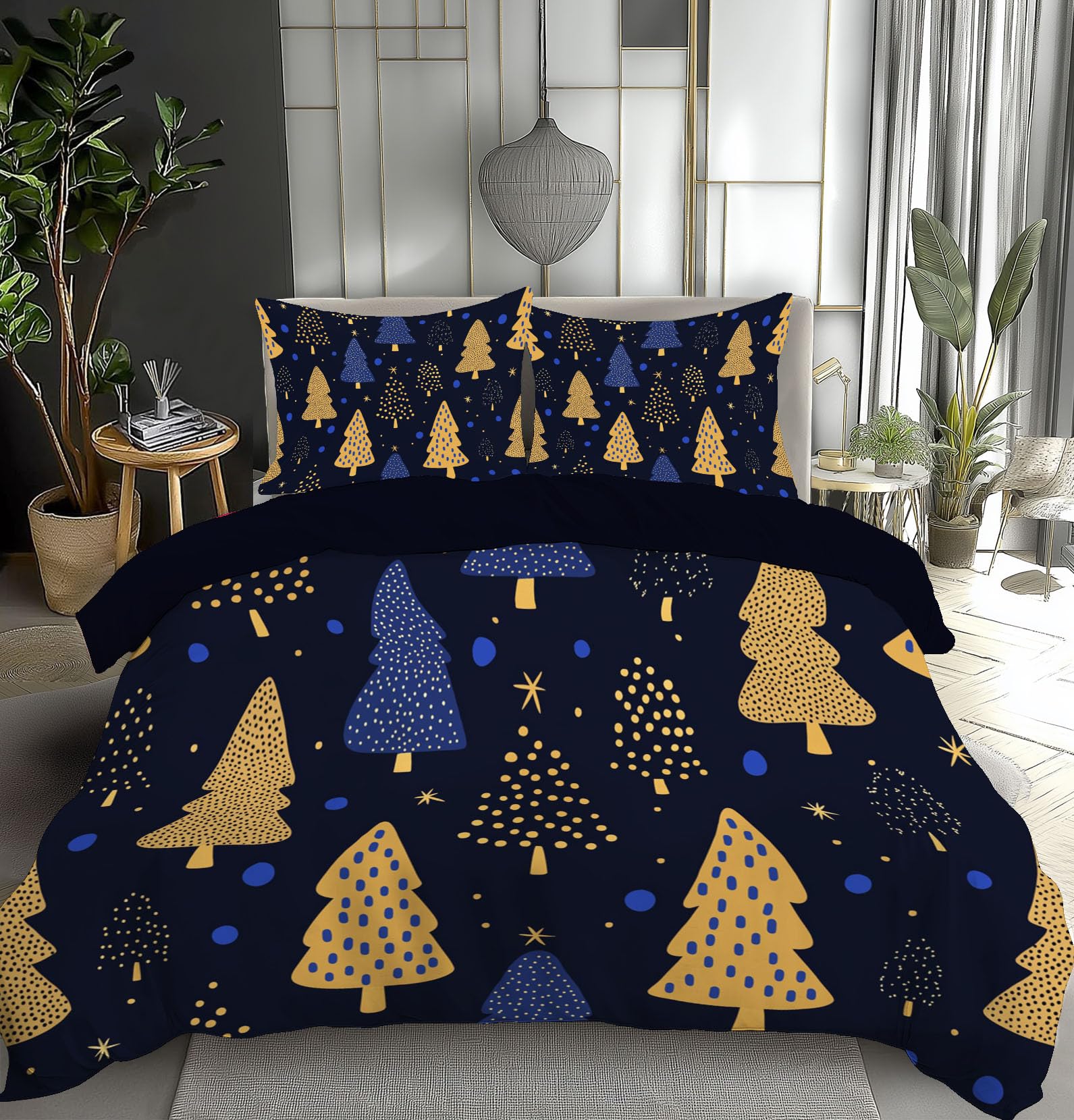 Housse de couette 140x200 marine avec taies 65x65 et motif sapin de Noël moderne
