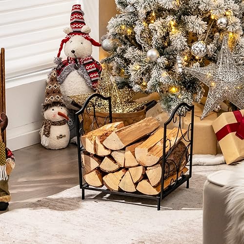 Miniatura 3 de Tangkula Estante para leña, soporte de tronco de acero resistente para interiores y exteriores, para almacenamiento de madera en chimenea, soporte