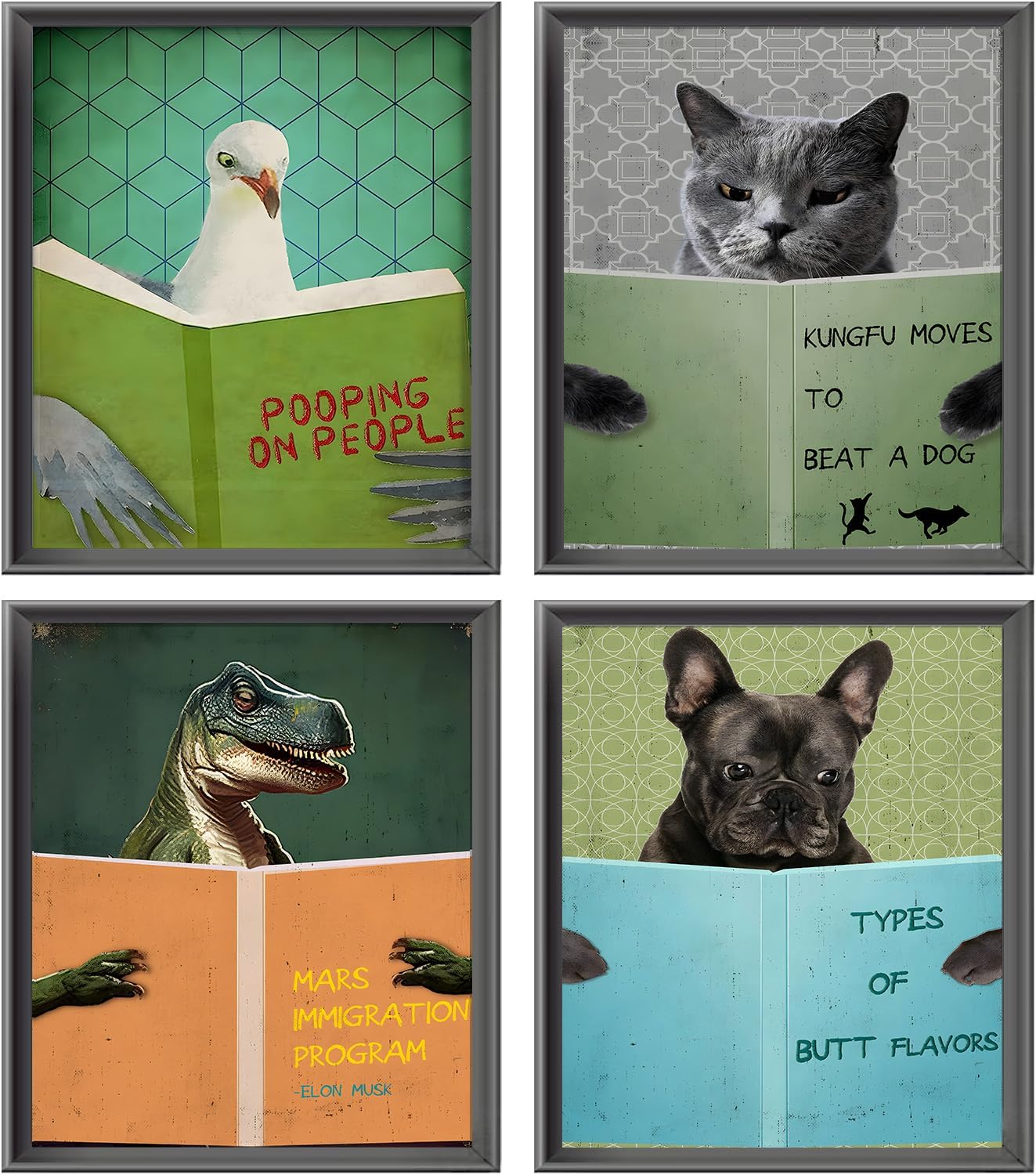 ASTRDECOR Funny Bathroom Decor Wall Art Prints Set - Animals Reading Books Inspirational Canvas Painting, Humor Vintage Bathroom Pictures, Cute Humor Animals Wall Decor Signs【8x10inch, Unframed】