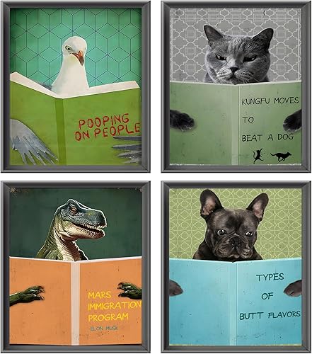 ASTRDECOR Divertidos libros de lectura de animales, arte de pared, impresiones vintage de humor, juego de pintura en lienzo motivacional, carteles
