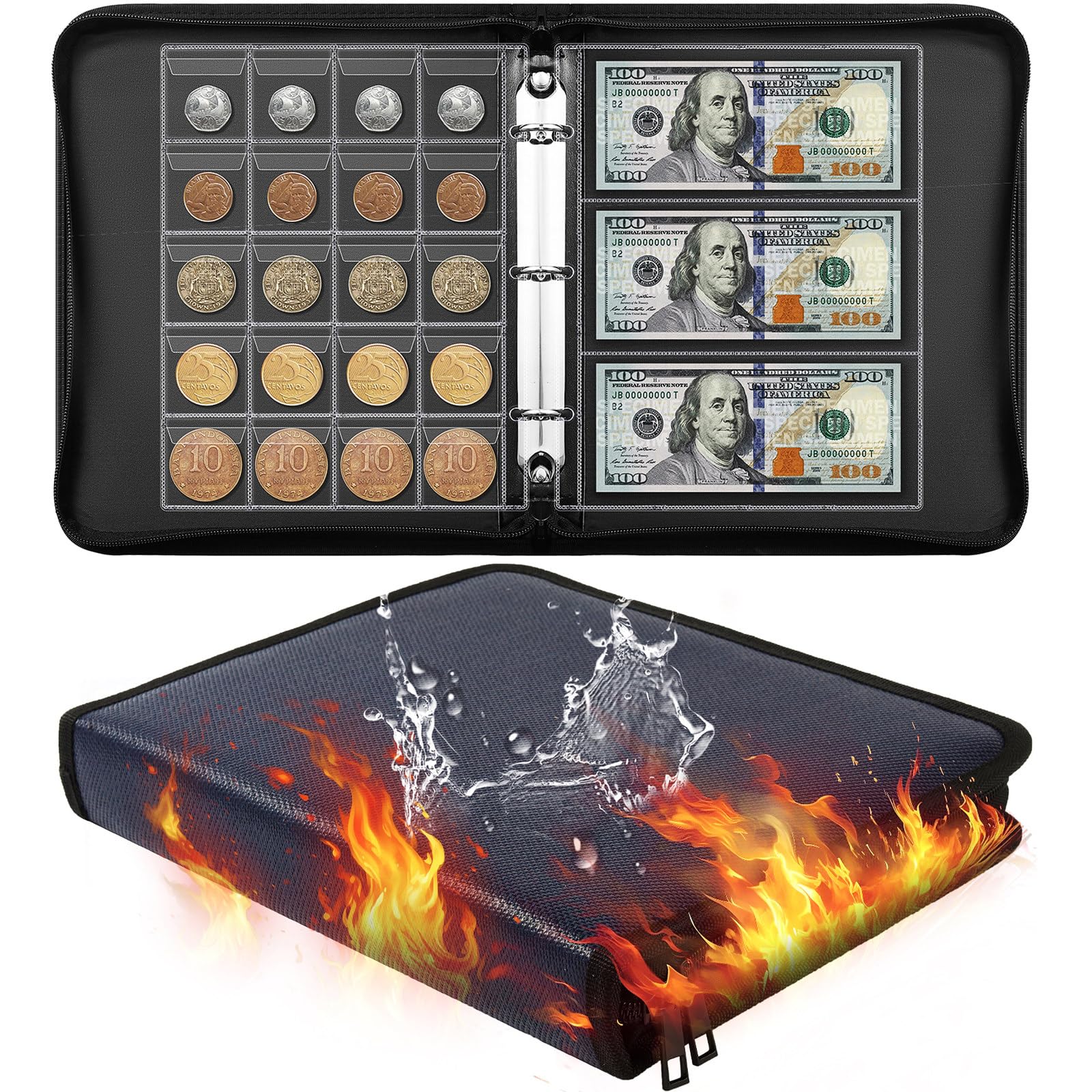 Ettonsun Fireproof Coin Collection Book Holders for Collectors, 460 Pockets Coin Organizer Sleeves Coin Album & 36 Currency Sleeves Album Money Holder Coin Storage Case (Blue-Upgraded)