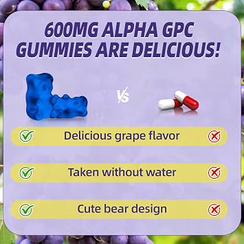 Alpha GPC Choline Gummies 600mg with Phosphatidylserine & Bacopa 3-in-1 Brain Support for Memory, Focus & Long-Term Cognitive Health Sugar-Free, Natural Formula, 60 Count