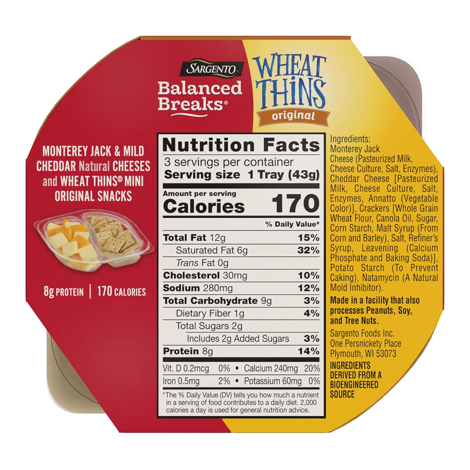 Sargento Balanced Breaks Cheese & Crackers, Monterey Jack & Mild Cheddar Natural Cheeses and WHEAT THINS Mini Original Snacks Snack Kit, 3-Pack