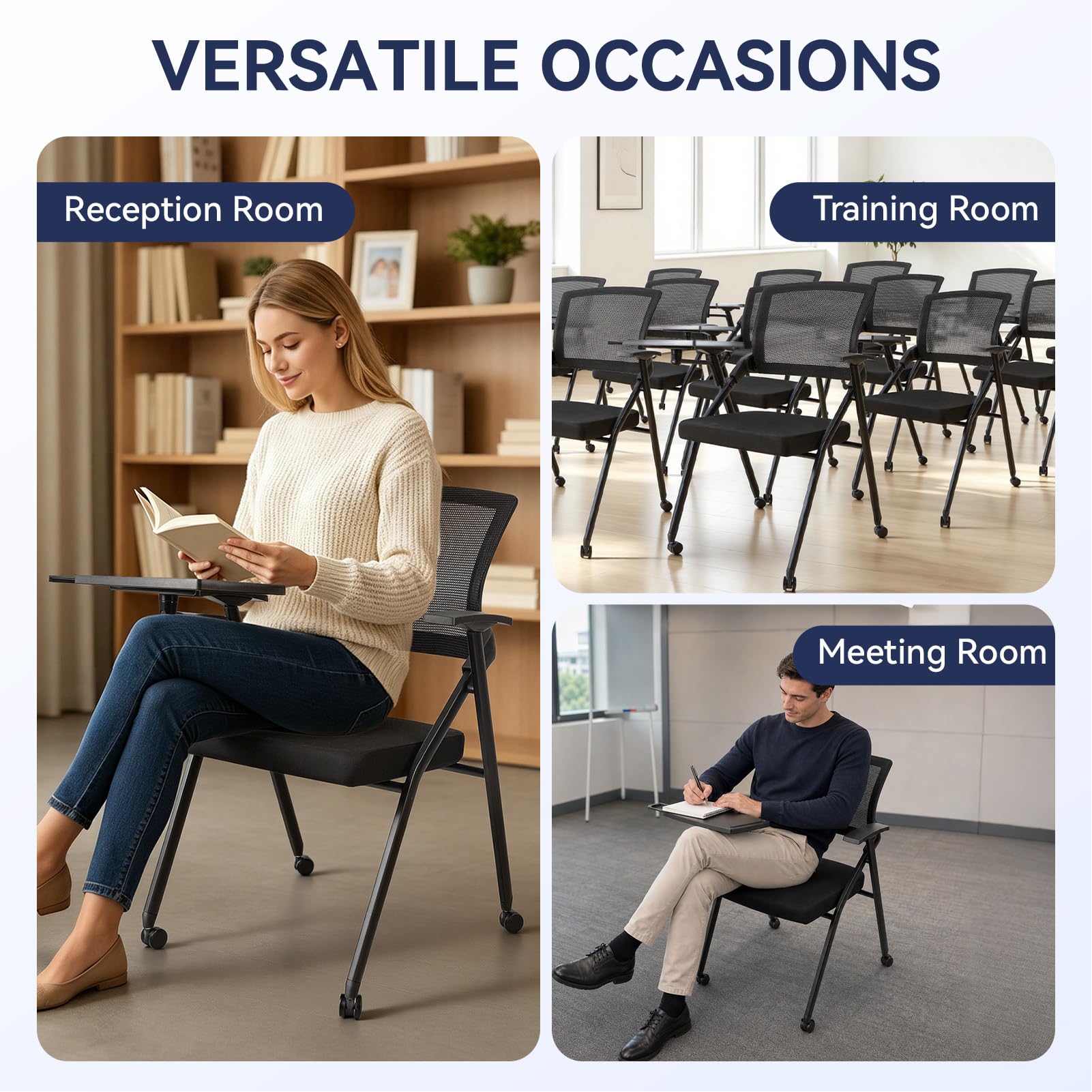 Chaise de Formation Pliable avec Tablette d'écriture, Fauteuil réunion roulettes pupitre, Dossier maillé accoudoirs, Porte-gobelet, Pliable Salle conférence，1