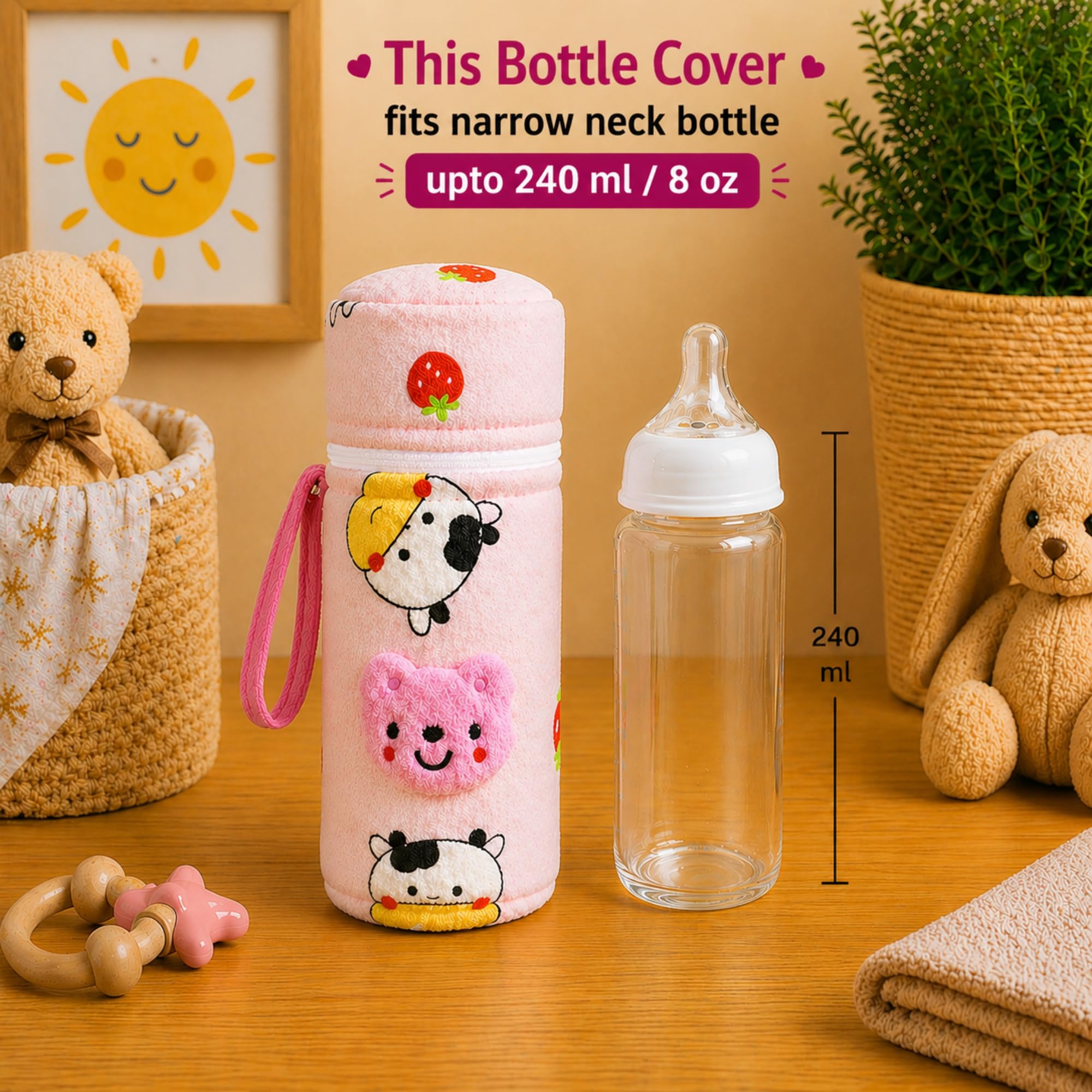 THE LITTLE LOOKERS Soft Plush Stretchable Baby Feeding Bottle Cover with Easy to Hold Strap | Cute Animated Overall Print Pack of 2 (Pink & Blue, Zip Closure 240ml/8oz) 1