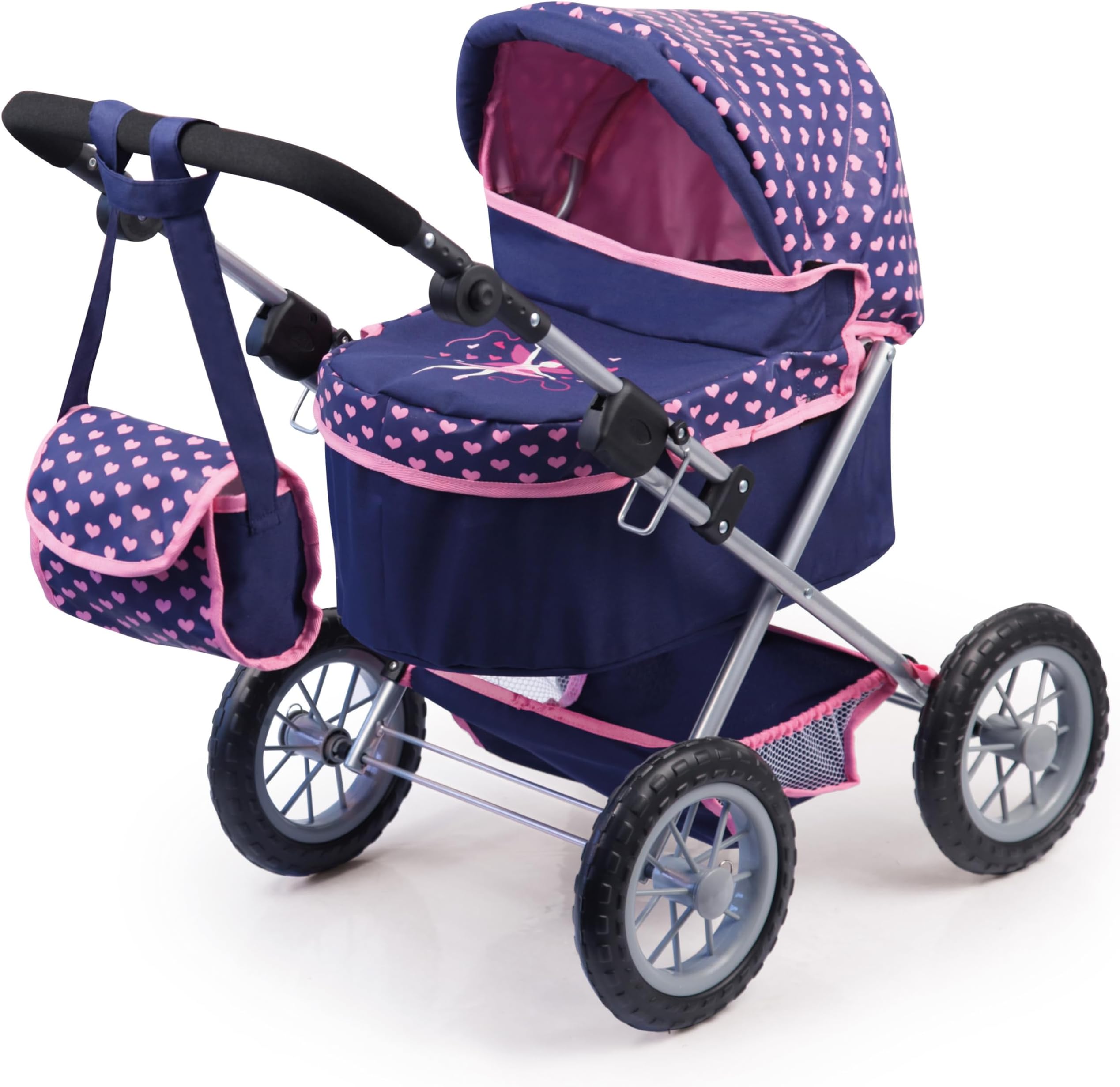 13052AA Trendy Dolls Pram, Foldable, Height-Adjustable Handle, Blue, Pink