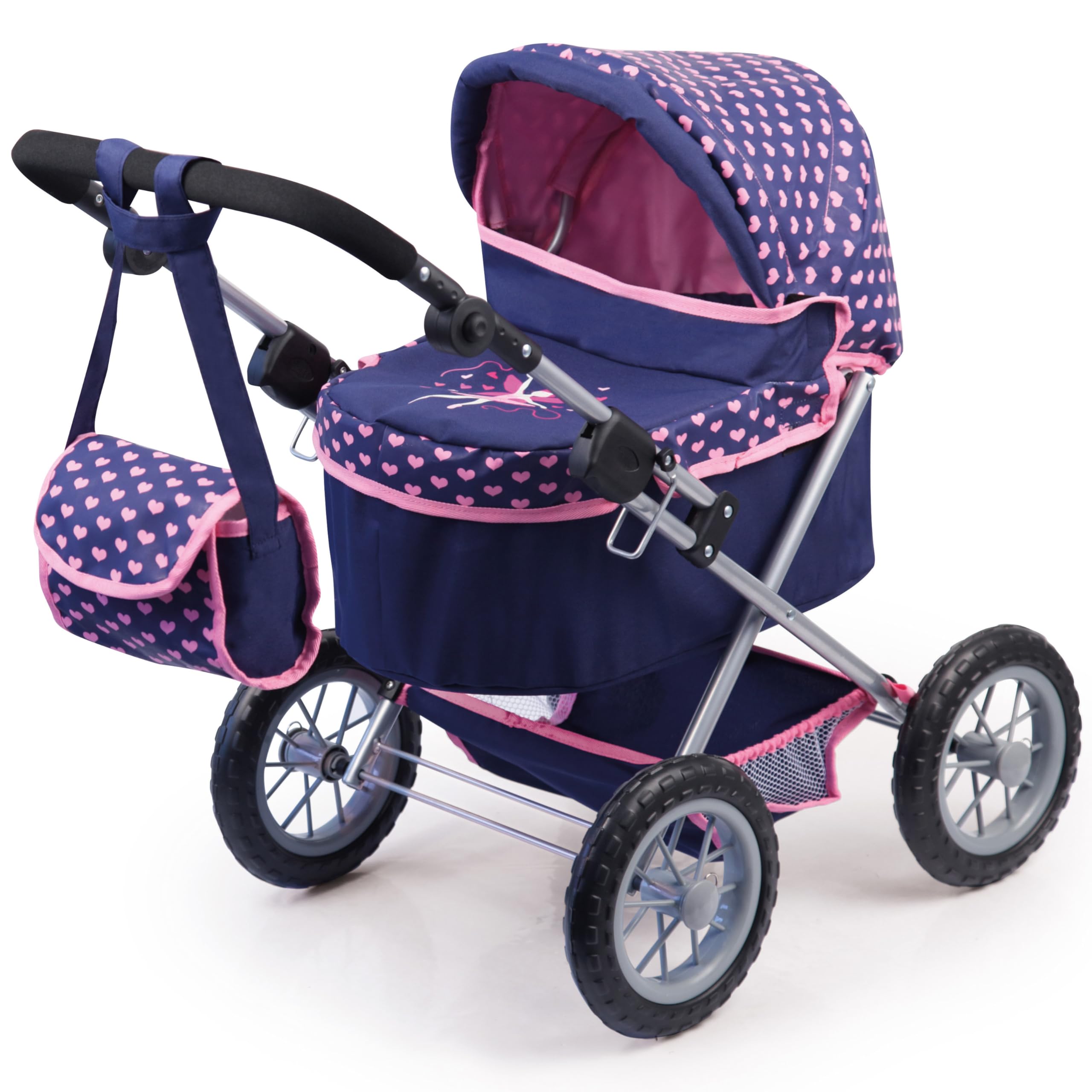 Bayer Design 13052AA Wózek dla lalek Trendy z torbą, regulowaną rączką, składany, zintegrowanym koszem, dużymi kołami, dla chłopców i dziewczynek od 3 lat