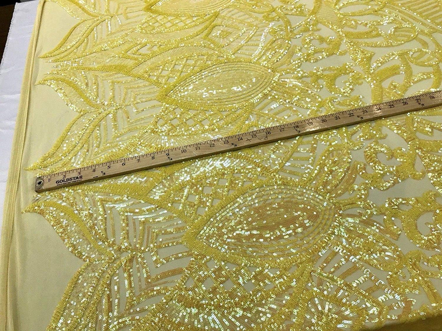 Iridescent Royalty Design Embroidery with Sequins On A 4 Way Stretch Mesh Fabric (Yellow on Yellow, 5 Yards)