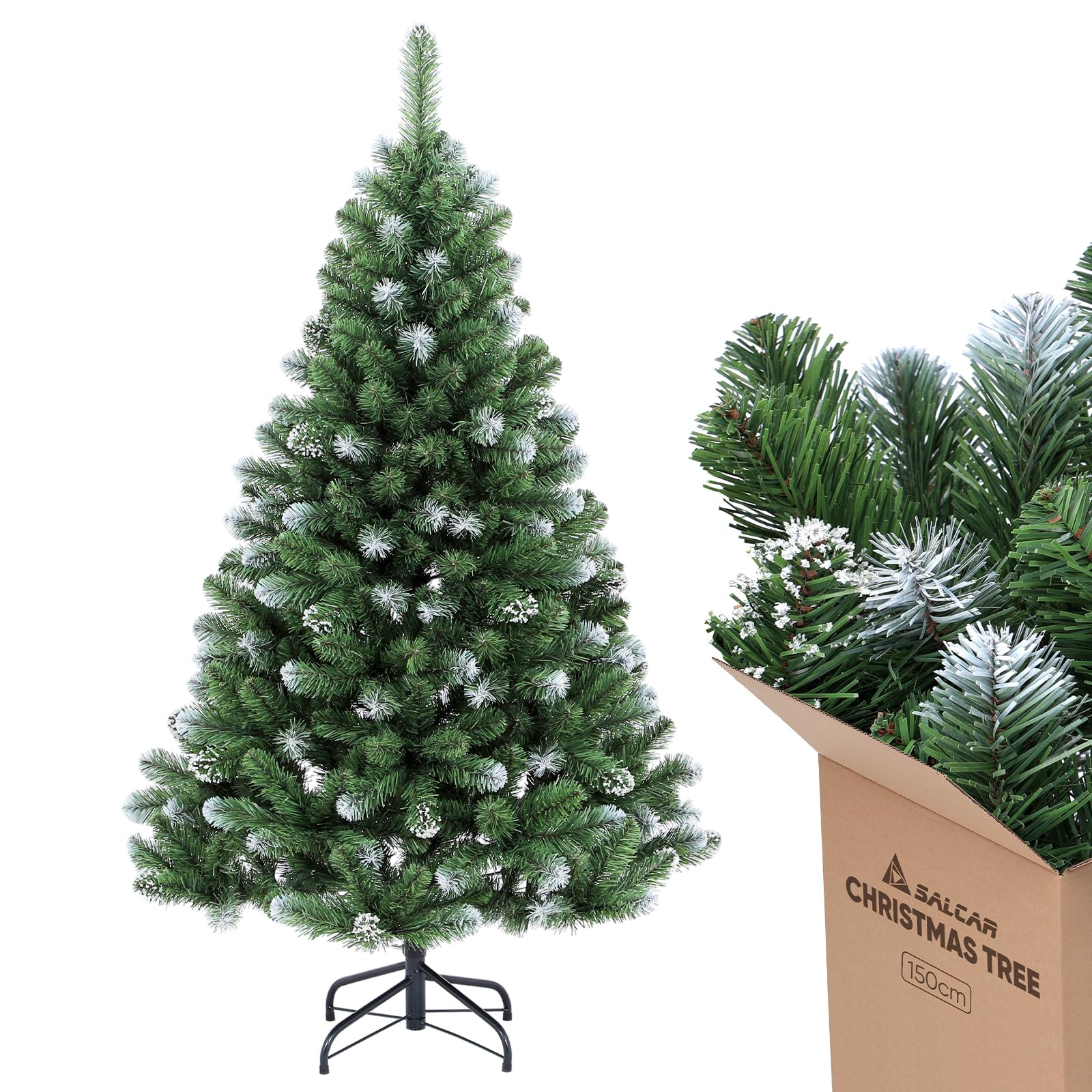 SALCAR Sapin de Noël Artificiel 150 cm, Décoration Parfaite pour Salon, Bureau et Entrée, Neige et Tronc en Métal