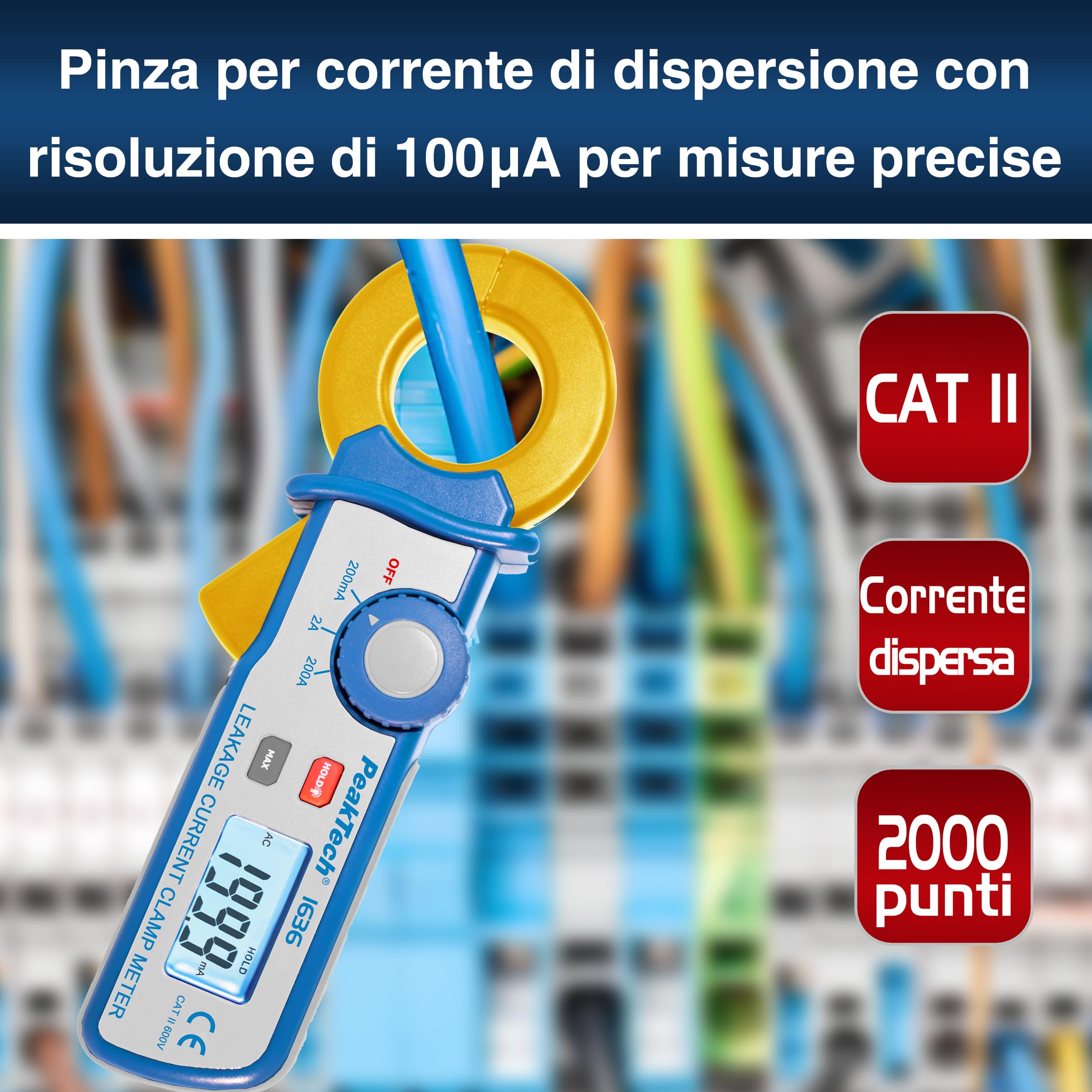 P 1636 PeakTech® P 1636 Pinza per corrente di dispersione con risoluzione di 100μA