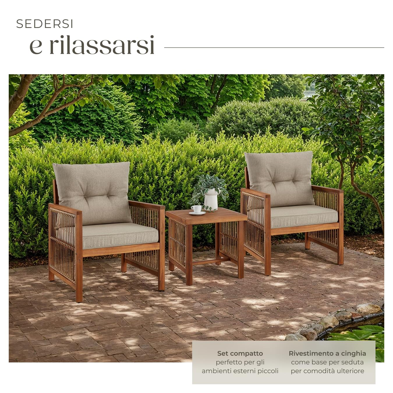 tectake® Set salottino da esterno, 2 poltrona relax e tavolino da balcone in legno acacia, intreccio corda polyrattan, cuscini sfoderabili, arredo giardino moderno, salotto balcone Sedie da Giardino