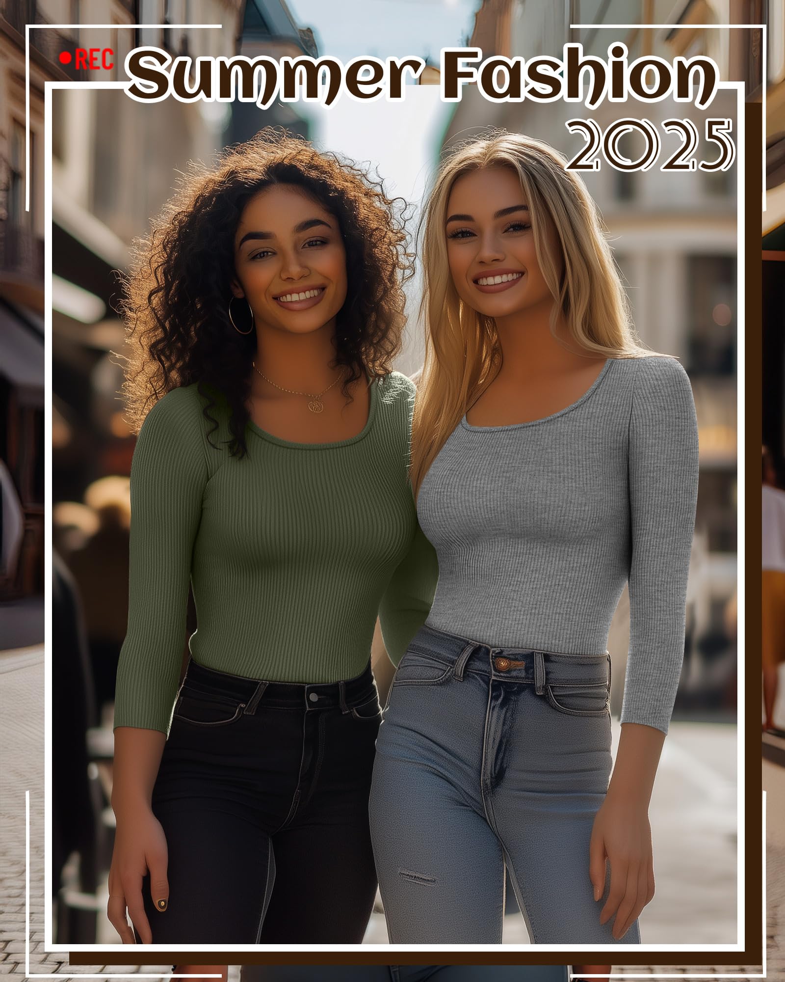 Neer Lot de 3 hauts à manches 3/4 pour femme, en coton côtelé, col rond, manches trois-quarts d'été, t-shirts basiques décontractés