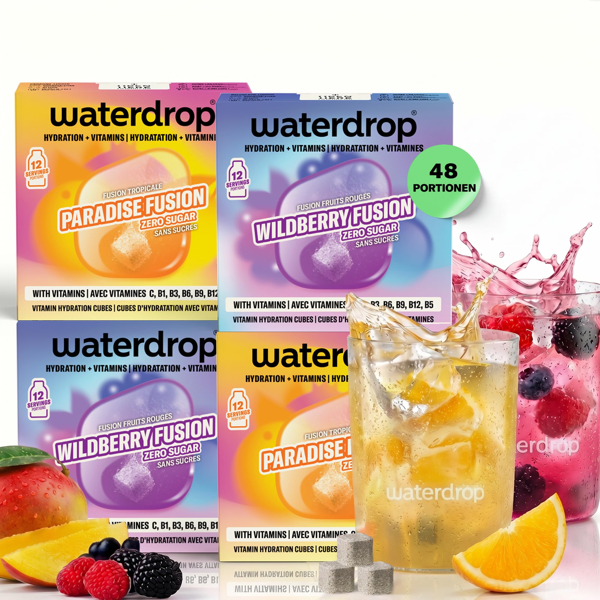 waterdrop® Mango & Beeren Fusion – 48 Waterdrop Würfel - Paradise & Wildberry Fusion – Zuckerfreier Durstlöscher & Alternative zu Getränkesirup und Geschmackspulver - Geschmack für Wasser ohne Zucker