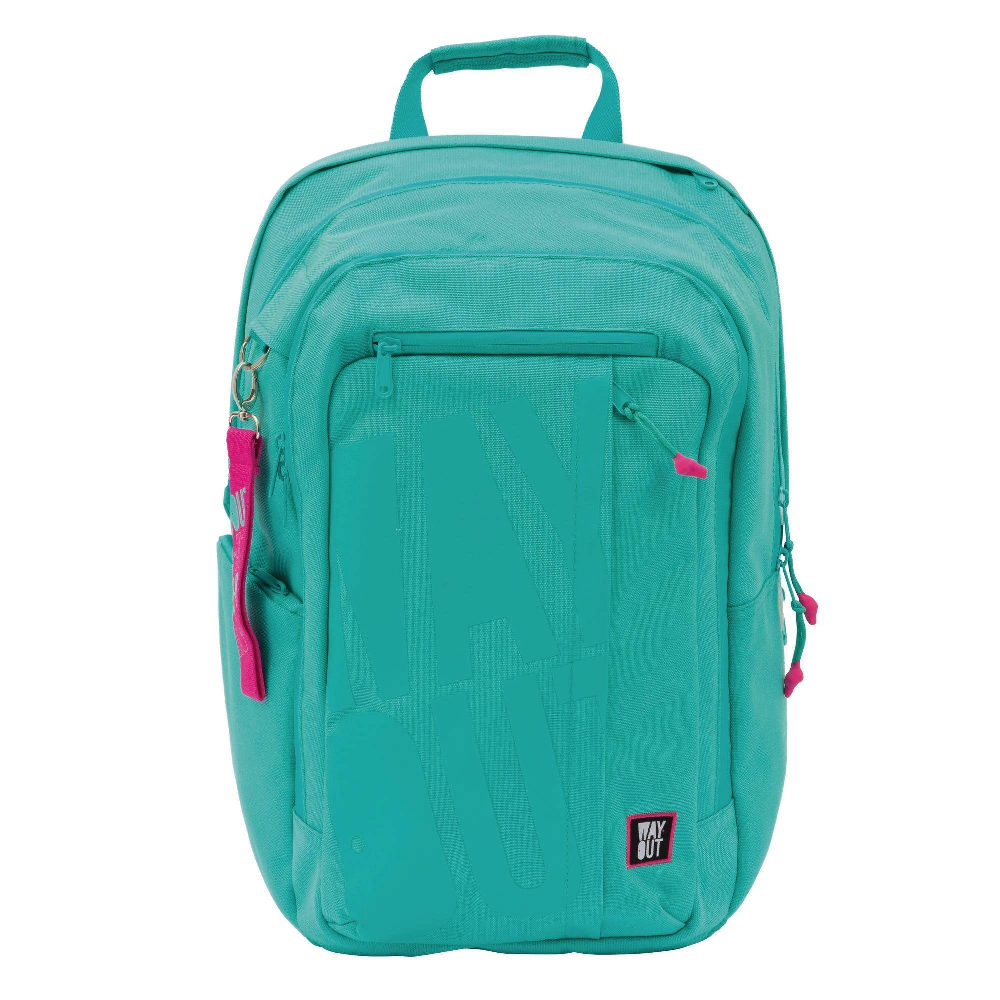 WAY OUT - Zaino scuola c/tasca PC - 3 Scomparti con cerniera, tasca porta-cellulare e foro auricolari, porta-borraccia, Schienale e Spallacci Imbottiti, adatto alla scuola, Verde Acqua, 35 x45 x55 cm