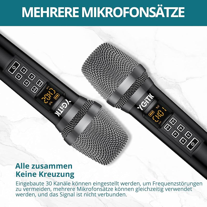 YGiTK UHF Professzionális Vezeték Nélküli Mikrofonszett - 2x30 Csatornás Kézi Mikrofon, 6-10 Órás Üzemidő, Karaoke, Buli, Esküvő, DJ
