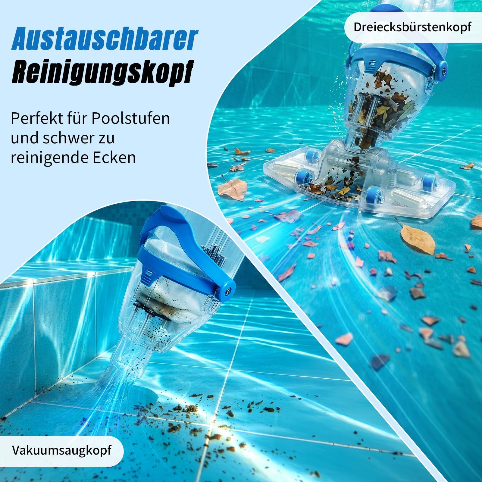 LEADZM Poolsauger Akku, Handsauger, Bodensauger bis zu 60 Minuten, Absaugung bis zu 4300L/H, Pool Sauger mit 250cm Teleskopstange, Poolreiniger mit 2 Filter (Blau)