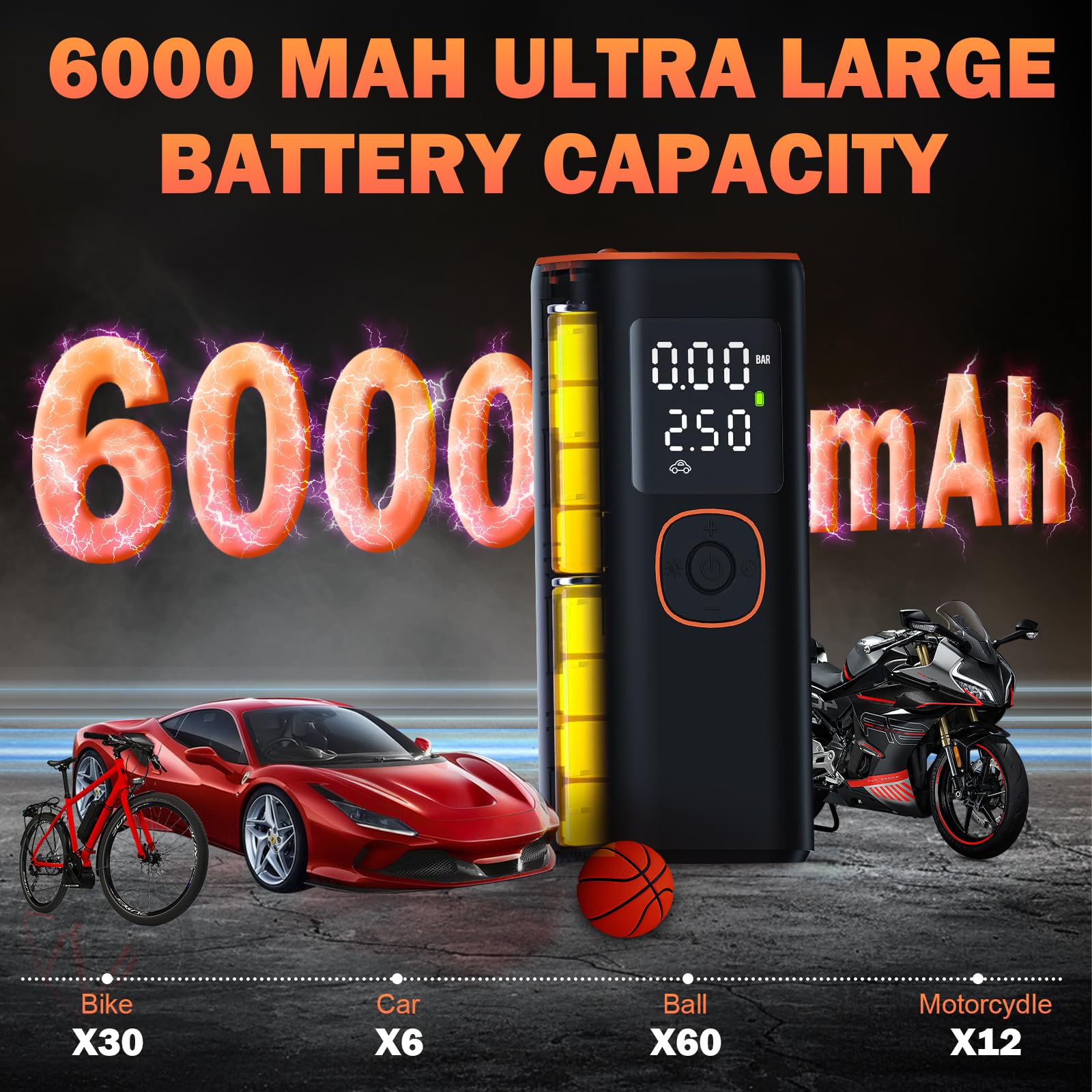 Cordless Tyre Inflator Air Compressor, Lvelfe Rechargeable Battery 150PSI Handheld Car Tyre Inflator, Digital Electric Tyre Pump With LED Light And 3 Nozzle For Car, Motorcycle, Bike, Ball - View #5