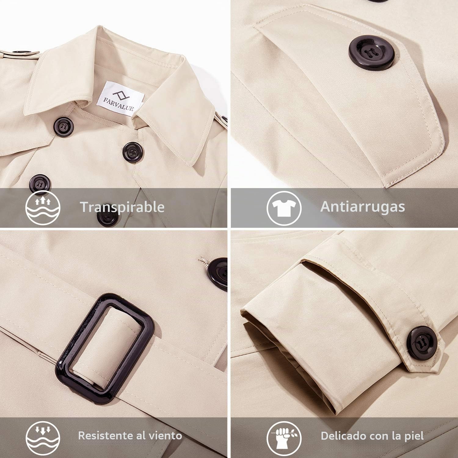 Gabardina impermeable para mujer, con doble botonadura, solapa clásica, abrigo pequeño con cinturón, abrigo delgado