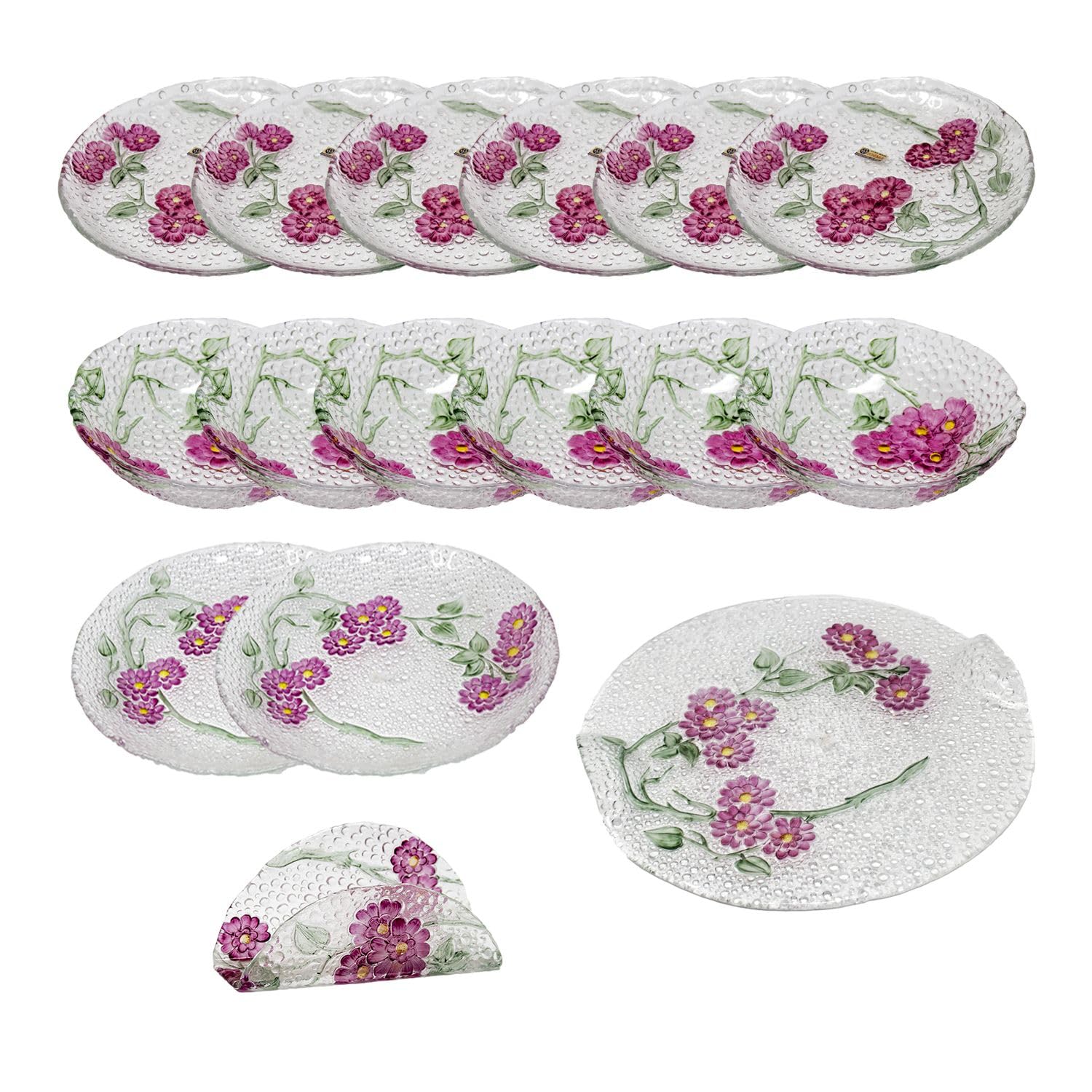 Franquihogar - Bohemia Glasgeschirr 16 teilig Geschirr - 6 Dessertteller, 6 Schüsseln, 2 Präsenteller 30 cm, 1 Servierplatte und 1 Serviettenhalter - Anemone