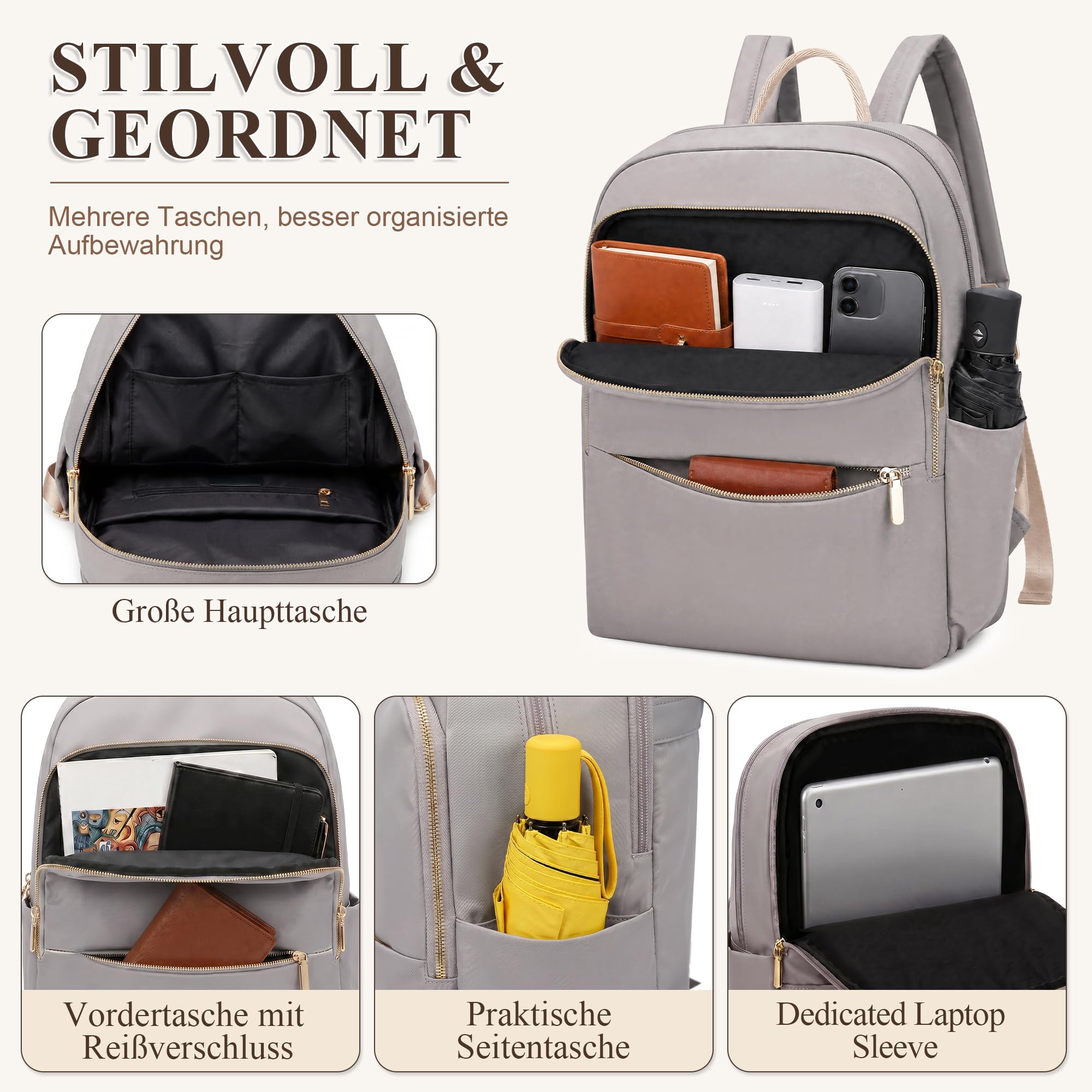 DIRRONA Damenrucksack Modern Leicht, Laptop Rucksack 14 Zoll Tagesrucksack Damen Elegant Rucksack Uni Rucksack Diebstahlsicher Damen Groß Arbeit Reisen Freizeit GeschäFt Sanftes Taupe