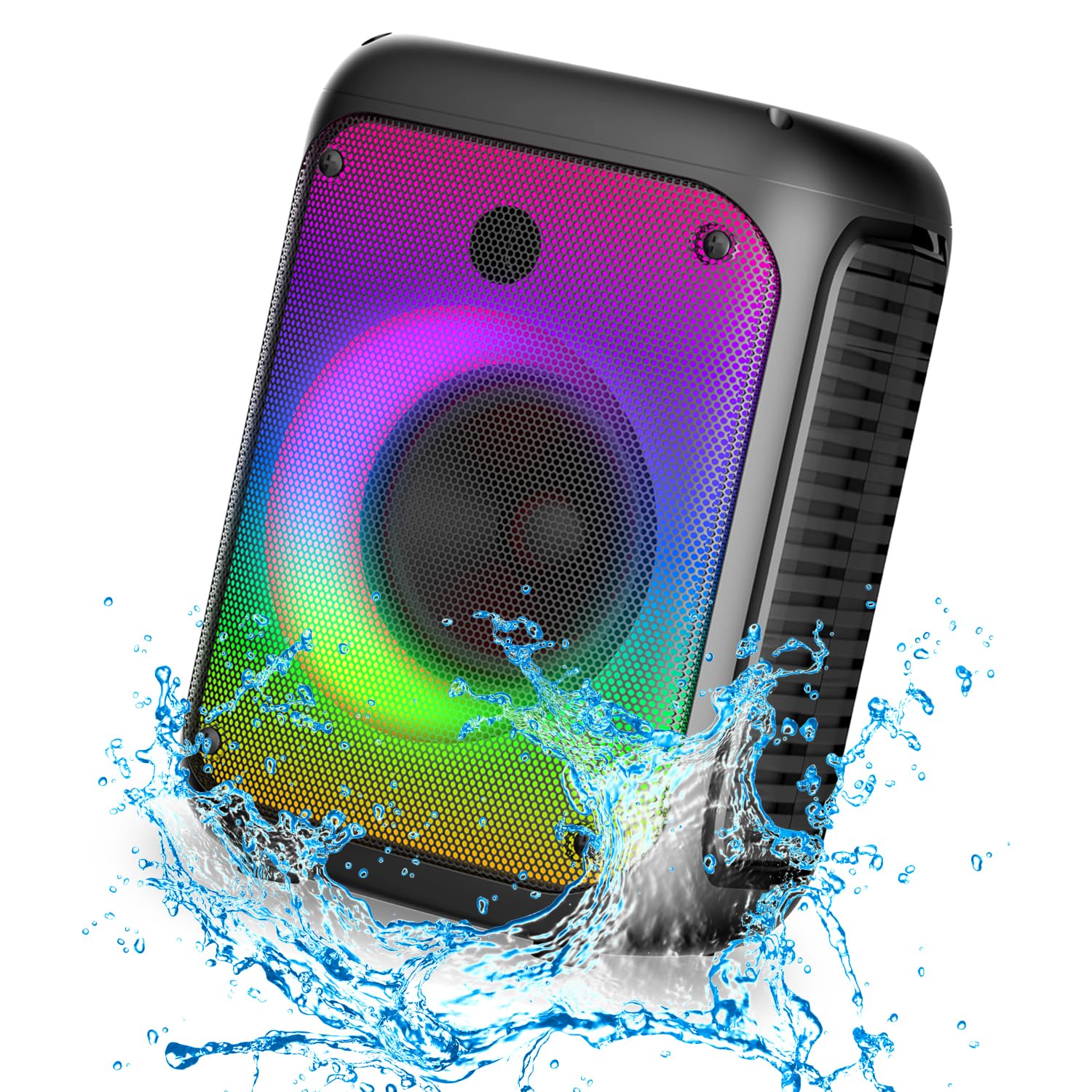 NEM Mobi7e Portable Wireless Bluetooth High Performance Waterproof Stereo Speaker, Super Bass, USB Recording, Rechargeable, AUX, TF Card, Mic Guitar Input, FM Radio, MP3, Colorful LED Lights (Black)
