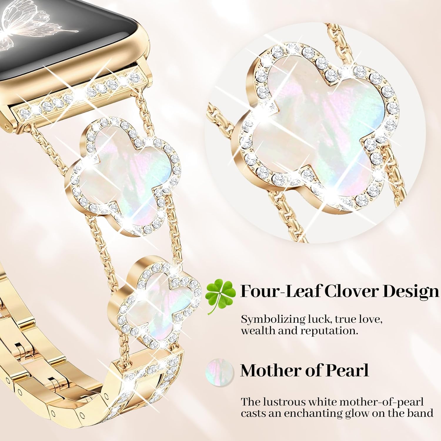Gold Bling Diamond Clover Bands for Women Compatible with Apple Watch 40mm 38mm 41mm 42mm(S10/11) Lucky Cute Sparkle Dressy Bracelet Metal Strap for iWatch Series 11/10/9/8/7/6/5/4/SE 3/2/1 - Image 2
