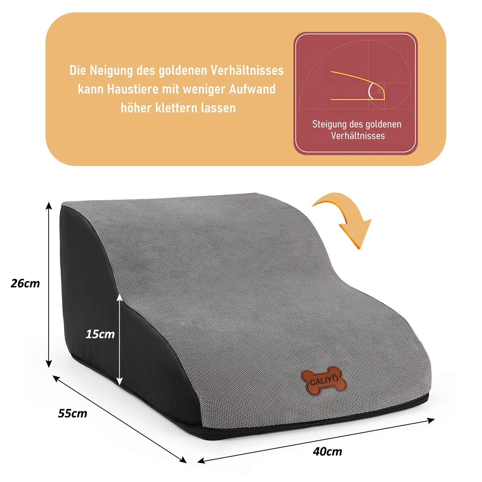 CALIYO Scala per cani a 2 gradini per cani di piccola taglia 26 cm di altezza con fodera lavabile e fondo antiscivolo per letto, divano e auto (55 x 40 x 26 cm)
