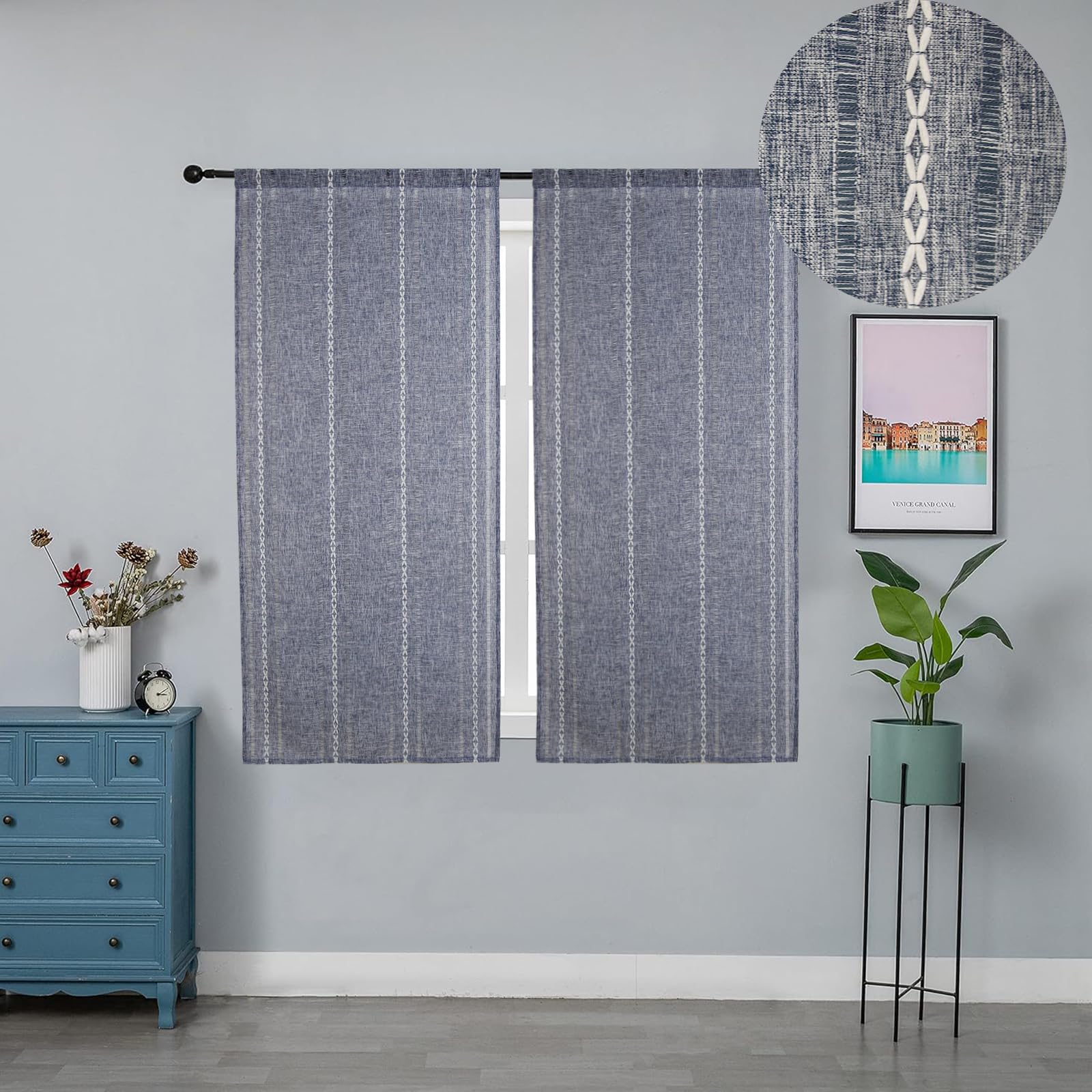 2 Tende Moderne Blu 60x150 Cm - Per Cucina, Balcone O Soggiorno, 100% Poliestere Con Ricami - Foto 4