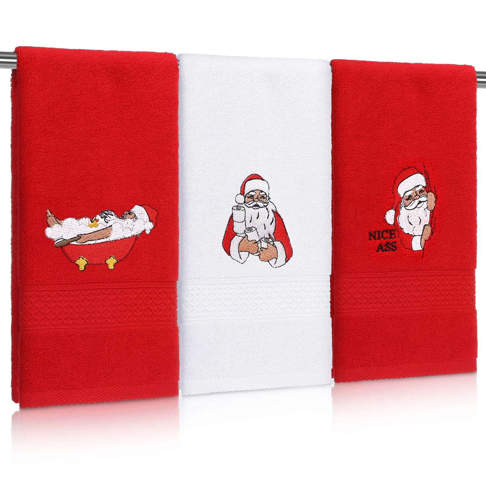 Photo 1 of Breling 3 Pcs Kitchen Hand Towels 13.3 x 29 Inch Towels for Bathroom Cotton Soft Embroidered Home Decoration for Goth Kitchen Halloween Birthday Gifts (Red,Santa Claus)