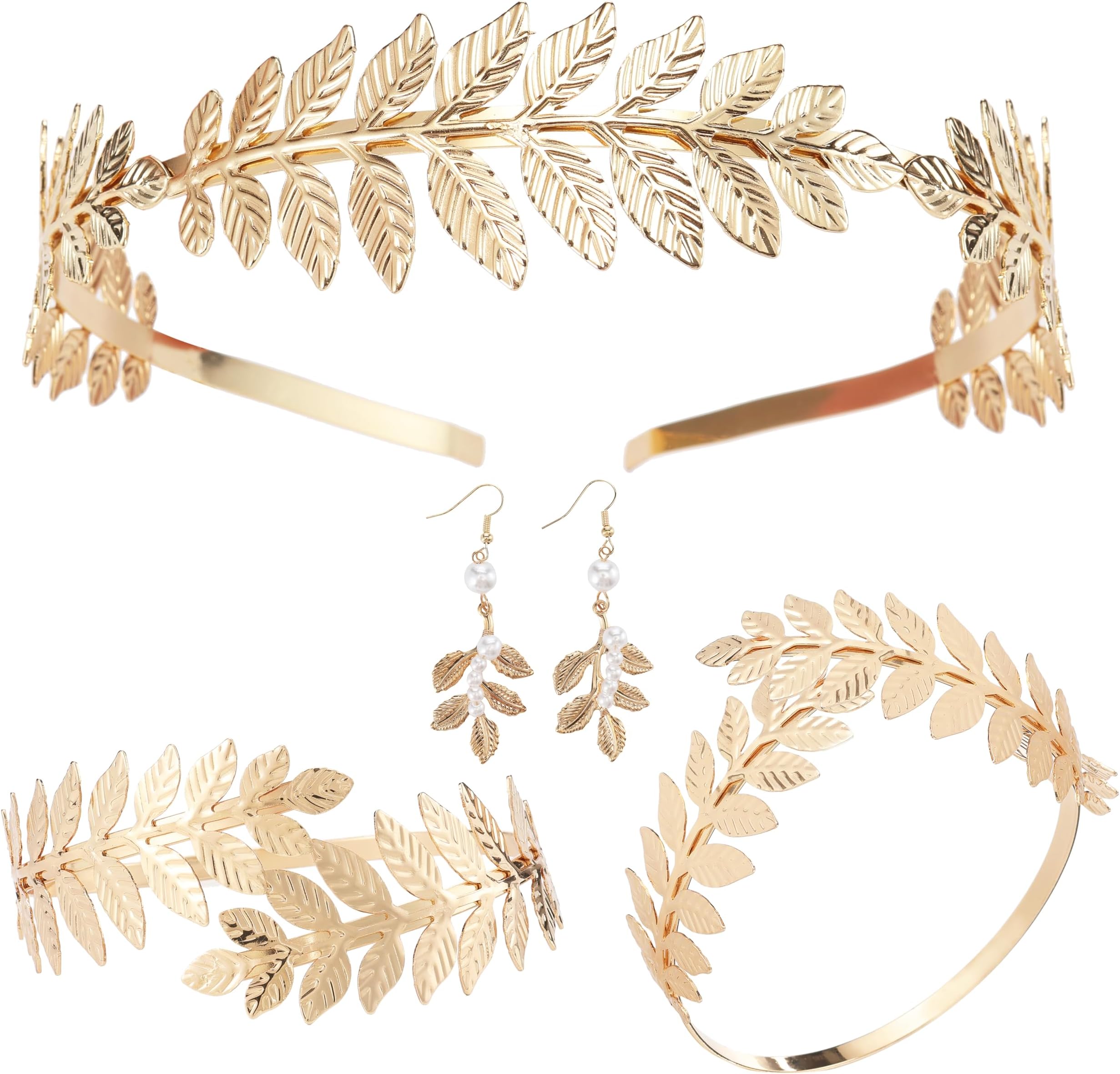 Greek Goddess Costume Accessories Set Toga Athena Cleopatra Egyptian Costume Gold Leaf Wedding Headpiece Crown Coil Upper Armband Bracelets