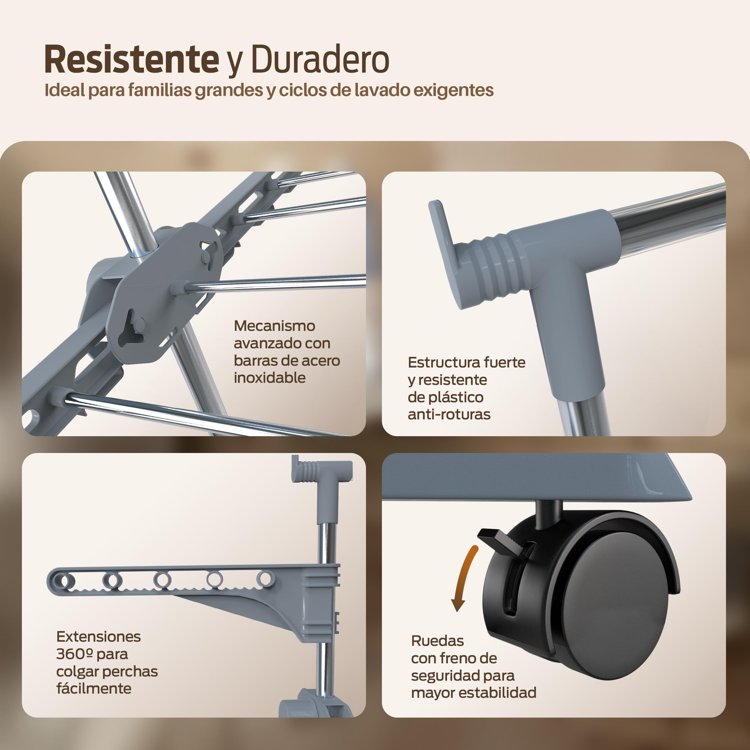 PORTENTUM Tendedero Vertical Plegable 14 cm – 5 Niveles y 58 Ganchos para Perchas – hasta 40 kg – Tenderete 24 Barras de Secado de Acero Inoxidable – Interior y Exterior – Ruedas giratorias con Freno