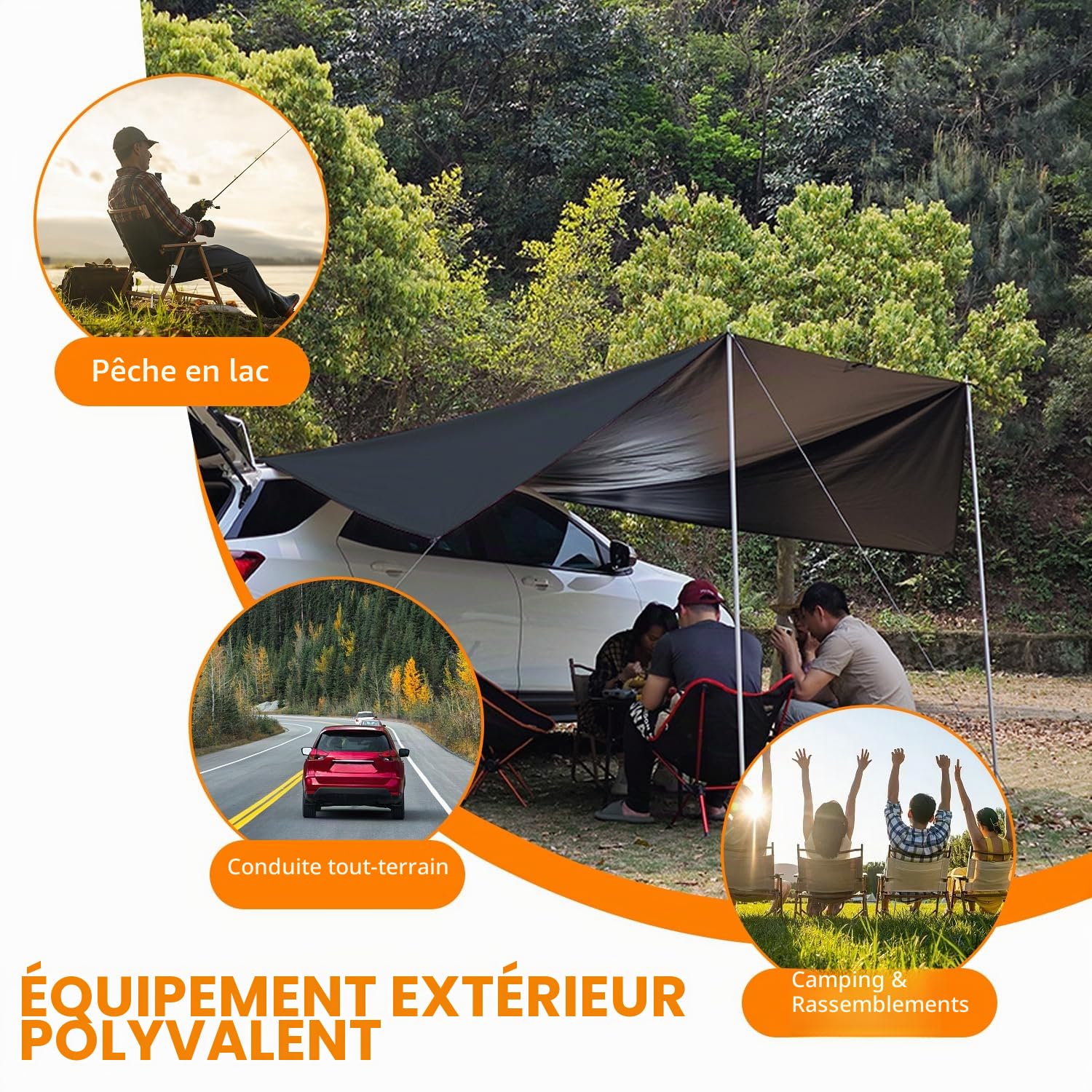 Auvent Universel pour Voiture Voile d'ombrage étanche | camionnettes et camping-cars, montage par passepoil ou ventouse, gris Awning, 380 x 280 cm