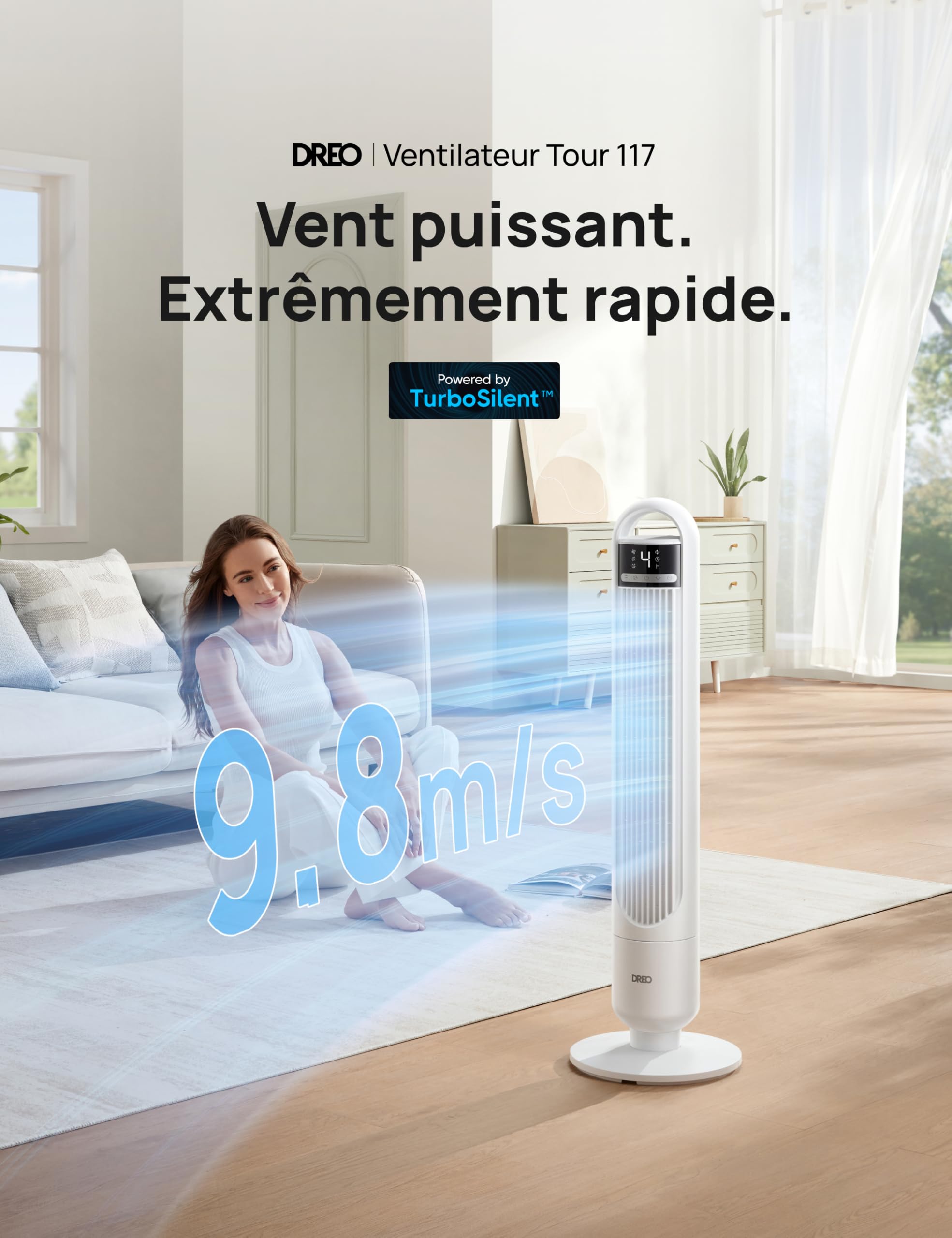 DREO Ventilateur Colonne Silencieux 23 dB pour Chambre, Couverture Max 9.8 m, Ventilateur Debout sans Lame, Oscillation 90°, 4 Vitesses, 3 Modes, Minuteur 8H, Affichage LED
