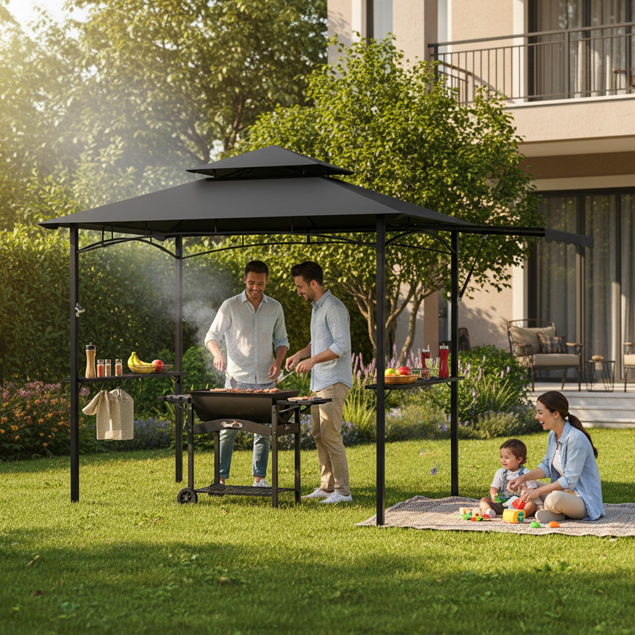 Tonnelle pour barbecue noire avec double toit et store latéral escamotable, 245x141 cm - Tonnelle pour barbecue avec cadre en métal et étagères pratiques, abris de jardin résistants aux