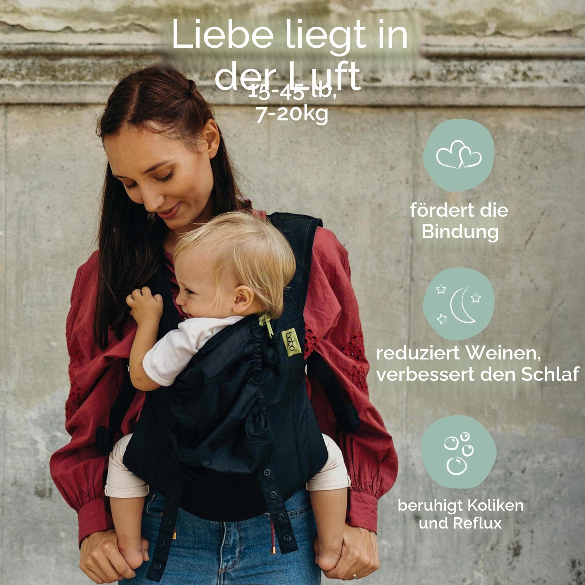 Boba Air Leichte Babytrage & Kleinkindtrage 7-20 kg, Faltbar, Schwarz | Faltbar in die eigene Tasche für Reisen & Wandern, zertifiziert Hüftgesunder Ergonomischer Sitz, Bauch- & Rückentrage.