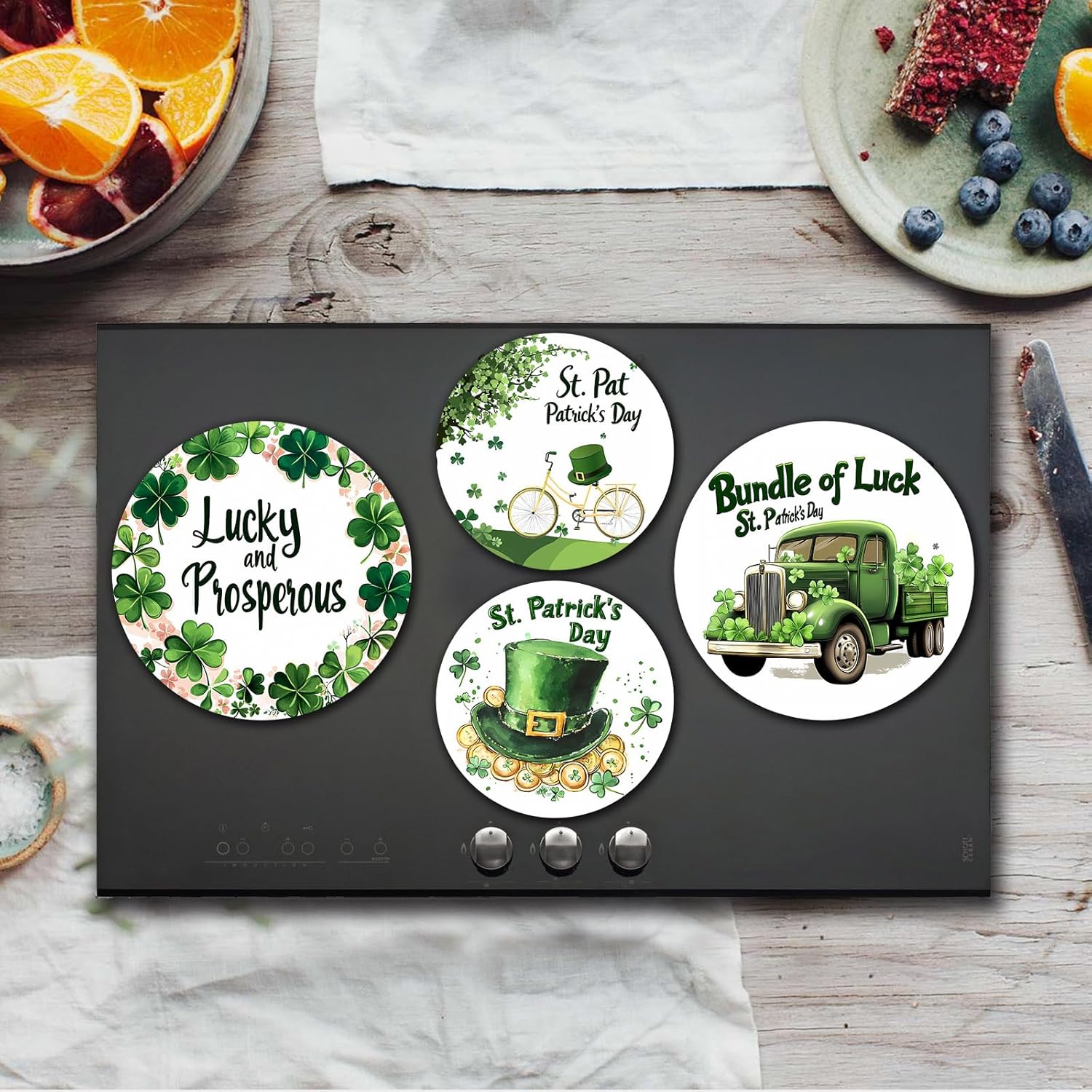 Saint Patrick's Day Round Stove Burner Covers Set,4 Pieces 8 Inches & 10 Inches,Four-leaf Clover Print Gas Stove Burner Covers,Electric Stove Burner Covers,Green Metal Stove Burner Cover Kits-09