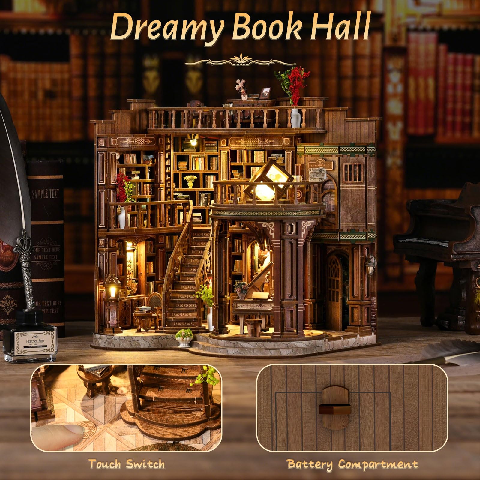 Book Nook Kit-Sala de Libros de ensueño-3D Wooden Puzzle Book Nook Craft Bookshelf Decor,Kits de Manualidades para Adultos, Regalo con luz LED, Set de Bricolaje para Adultos