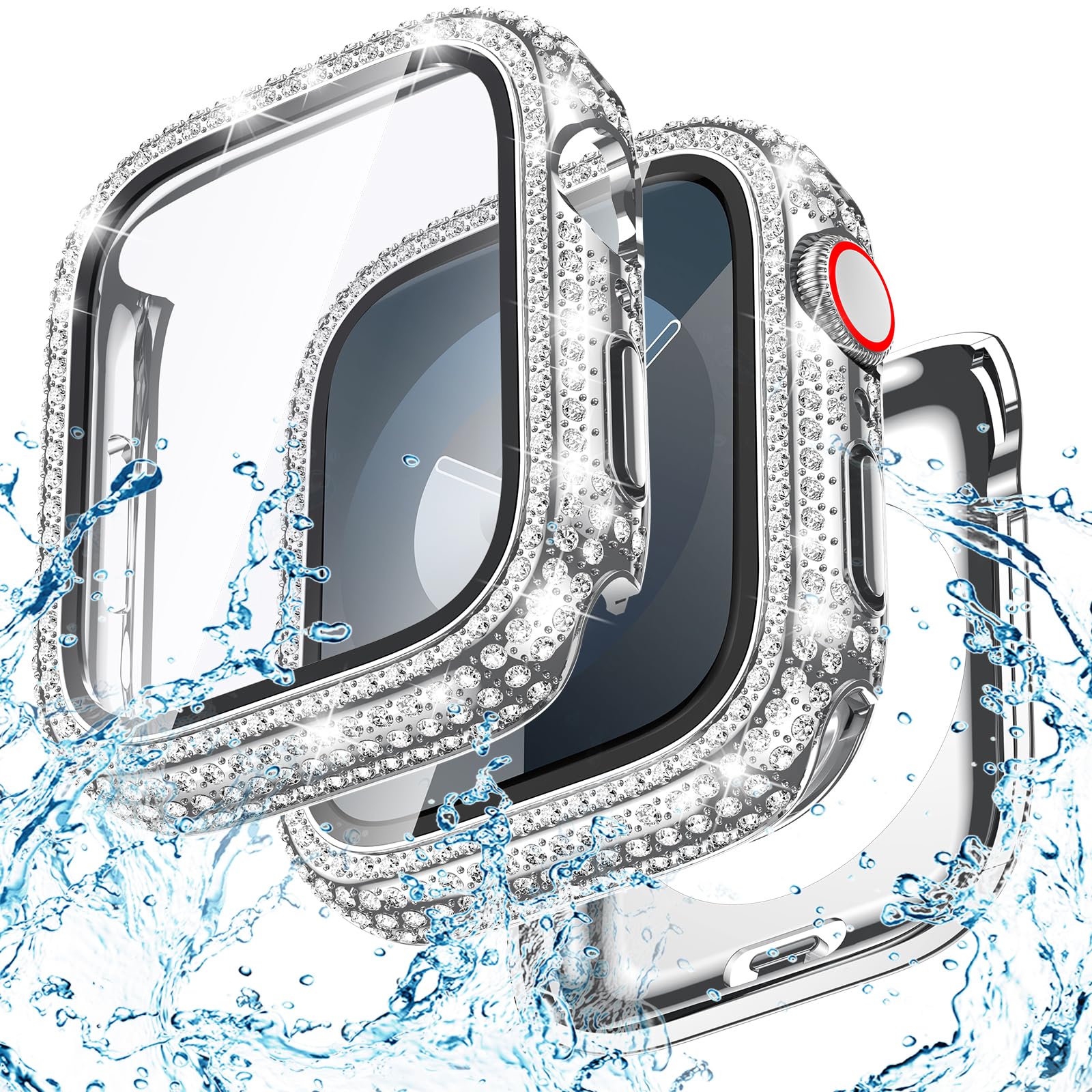Goton 45mm Waterproof Bling Case for Apple Watch Screen Protector Series 9/8/7 45 mm, Sparkling PC Front Bumper & Hollow Back for iWatch Cover,
