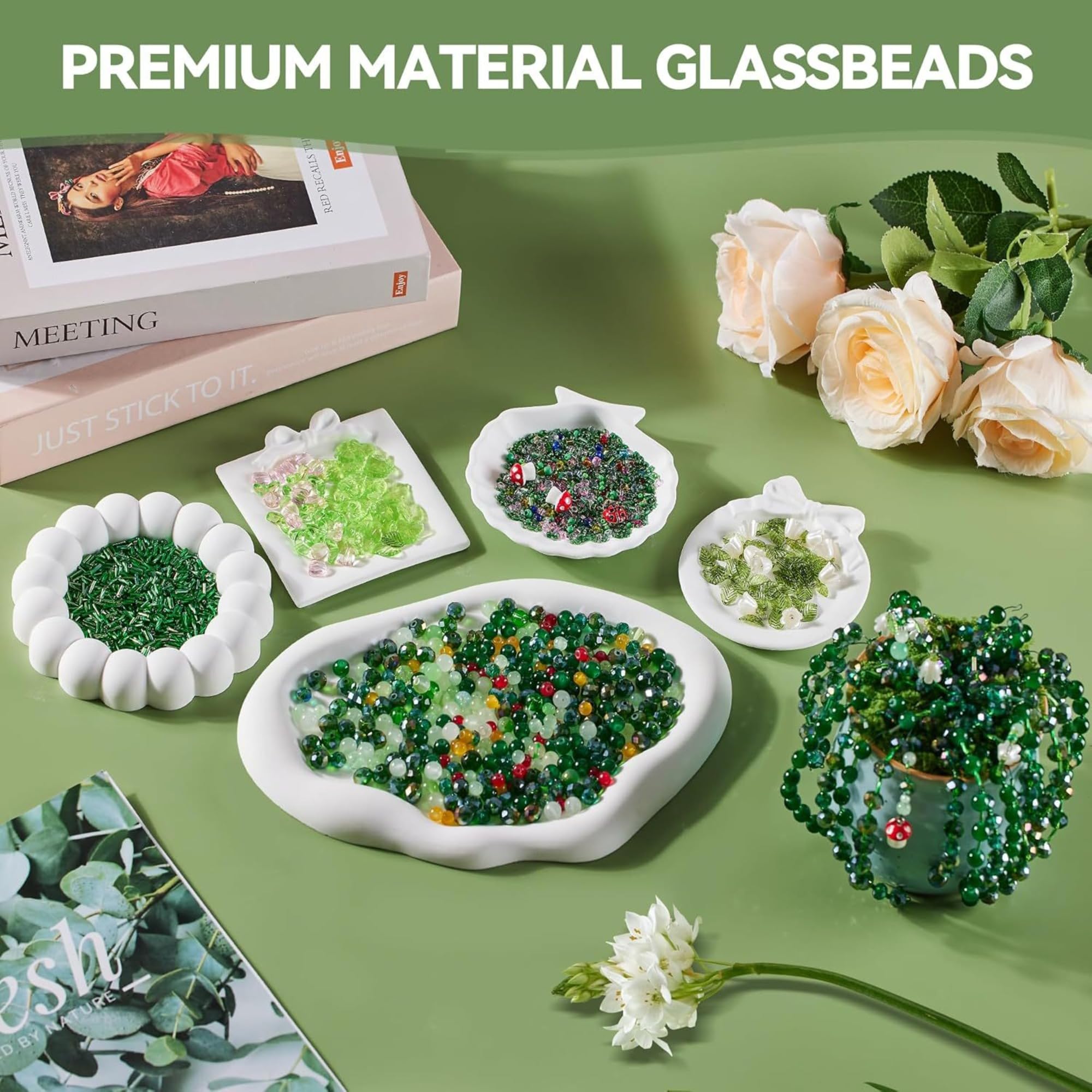 Perlenpflanzen DIY Set mit Grüne Perlen Töpfen Werkzeugen und Anleitung | Grüne Glasperlen zum Auffädeln, 10 cm Disco Kugel Topf, Perlen-Set für Pflanzen-Liebhaber und Bastler