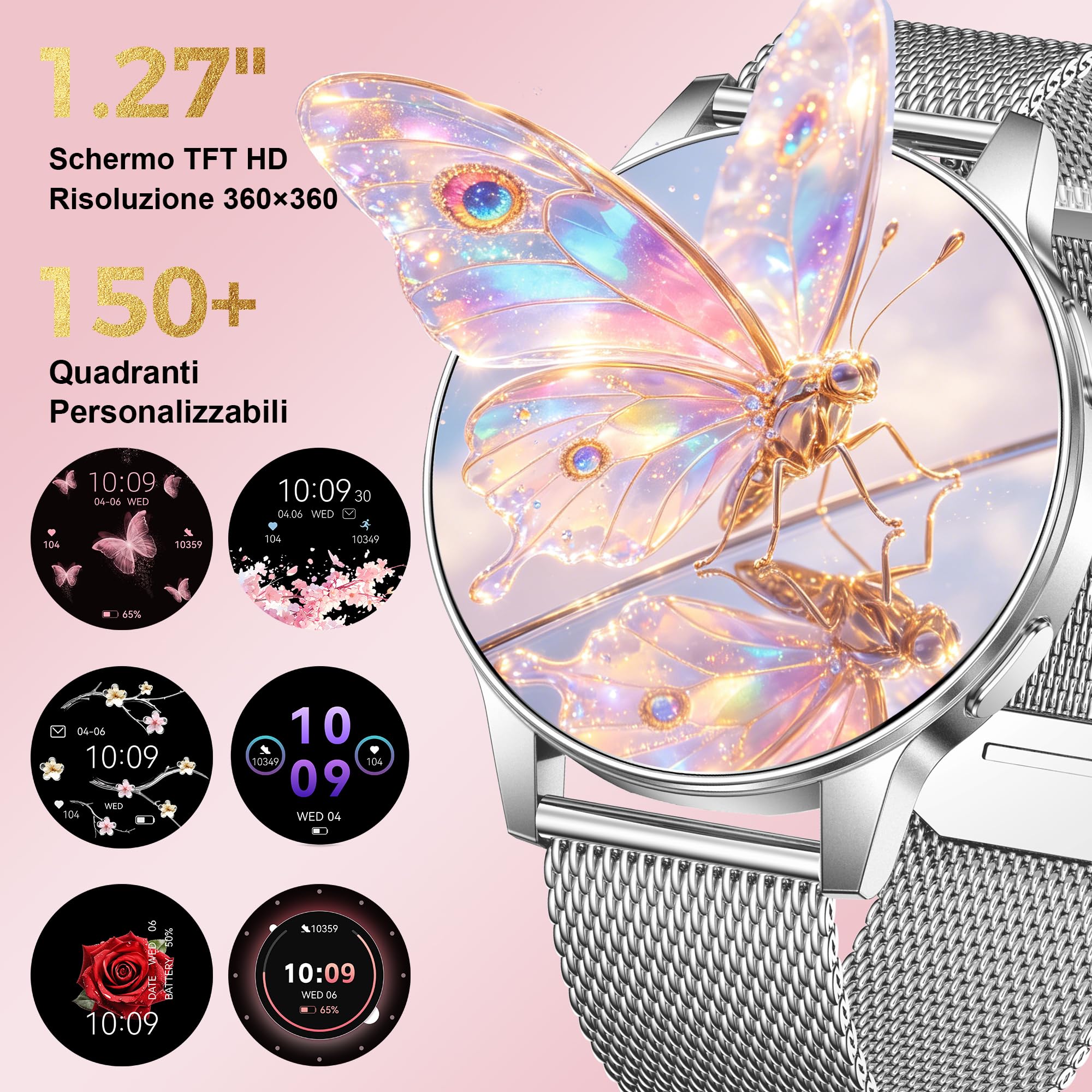 Smartwatch Donna con Chiamate Bluetooth, 3 Armbänder, 1.27" HD