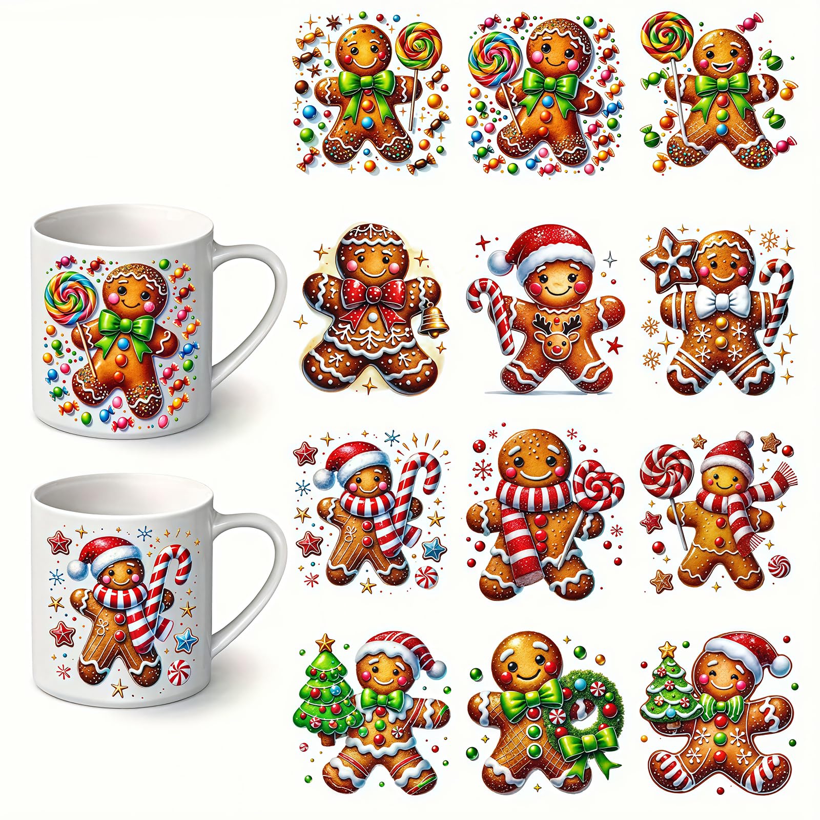 12pcs Merry Christmas Gingerbread Man UV DTF Cup Wraps Transfer Waterproof Sticker for Glass Cups Furniture Craft DIY Crafts，Rub on Transfer Stickers for DIY Water Bottle Laptop Decal Wood Car