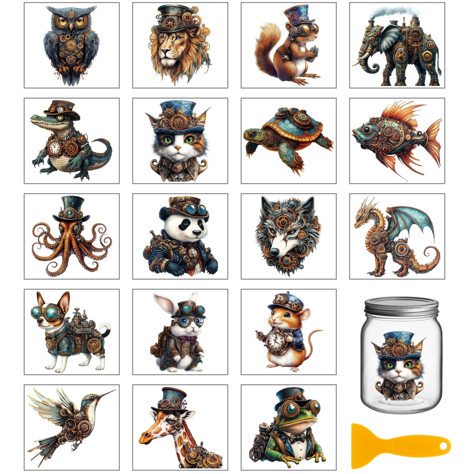GLOBLELAND 18 Sheets Steampunk Animal Transfer Stickers 3.9x3.6inch Dragon Fish Elephant Colorful Transfer Decal Frog Giraffe Rub on Transfer for Cup Decal Vase Glass Art Crafts Decorations